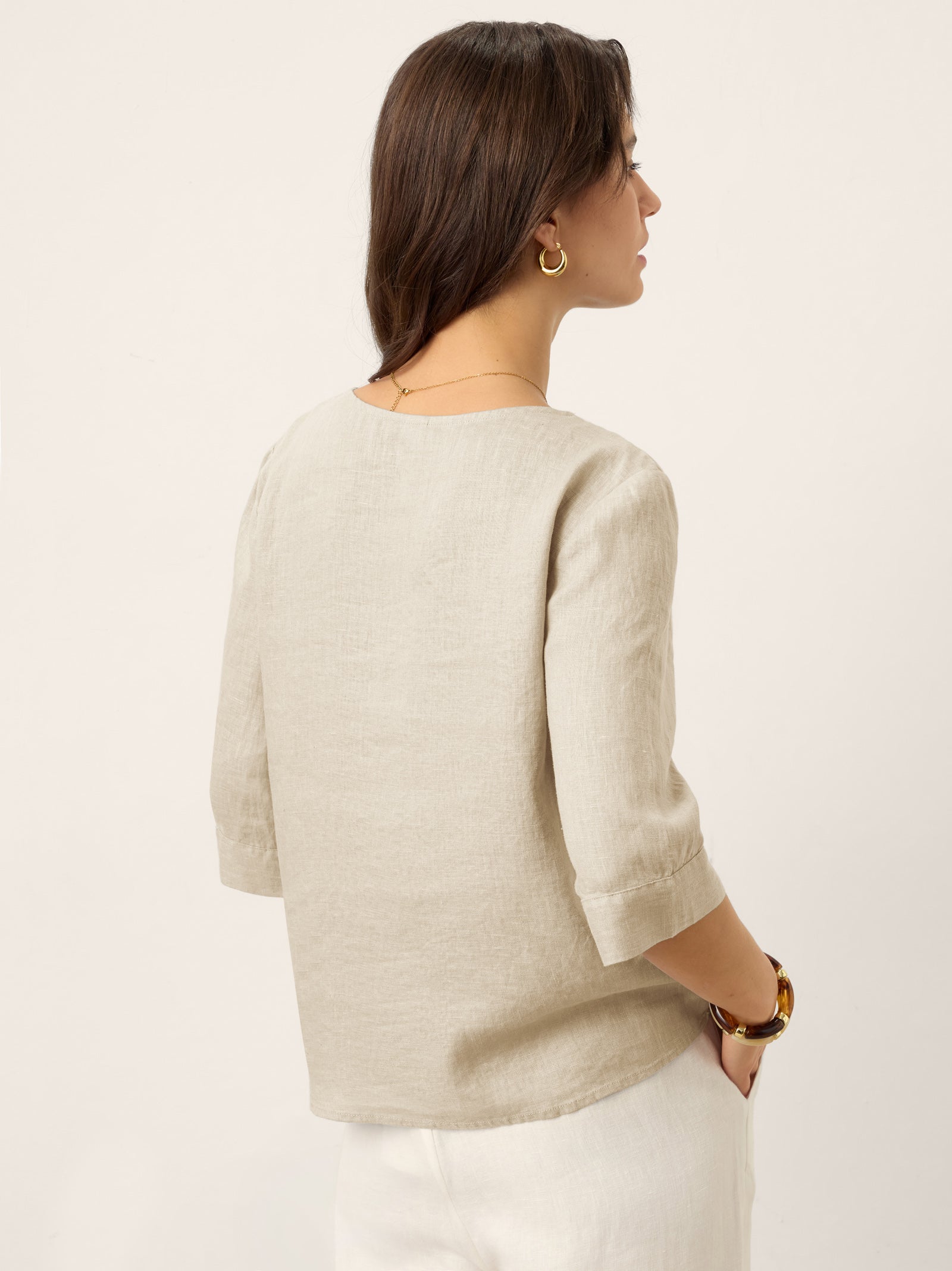 LINTICO 100% Linen Split Neck Inverted Pleat Top TABITHA — fabric or material detail