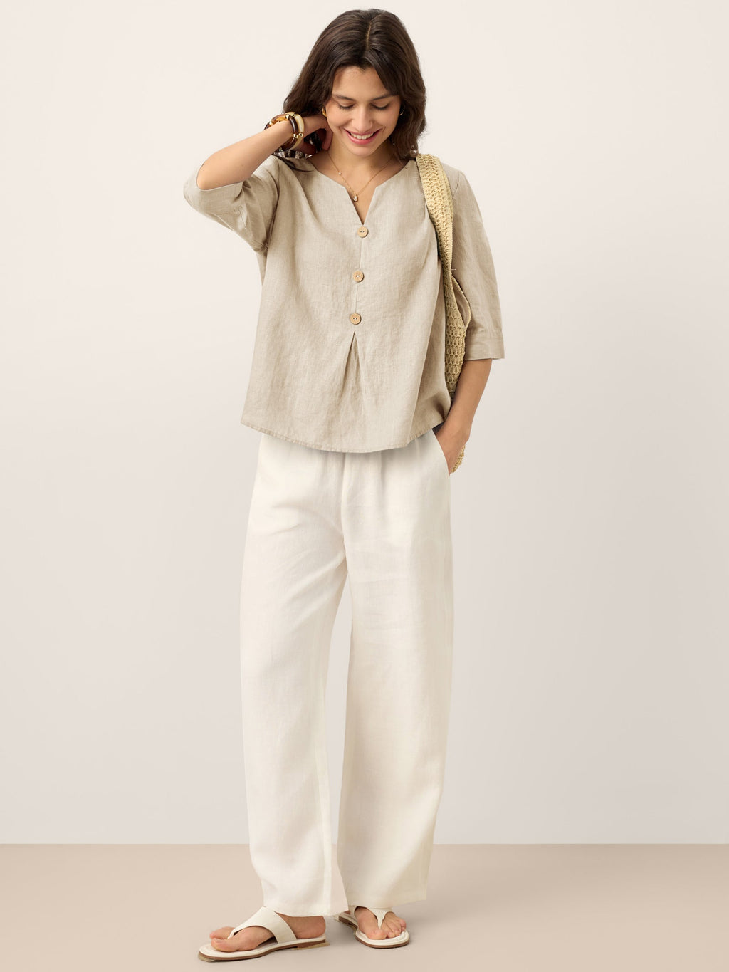 LINTICO 100% Linen Split Neck Inverted Pleat Top TABITHA — product on model