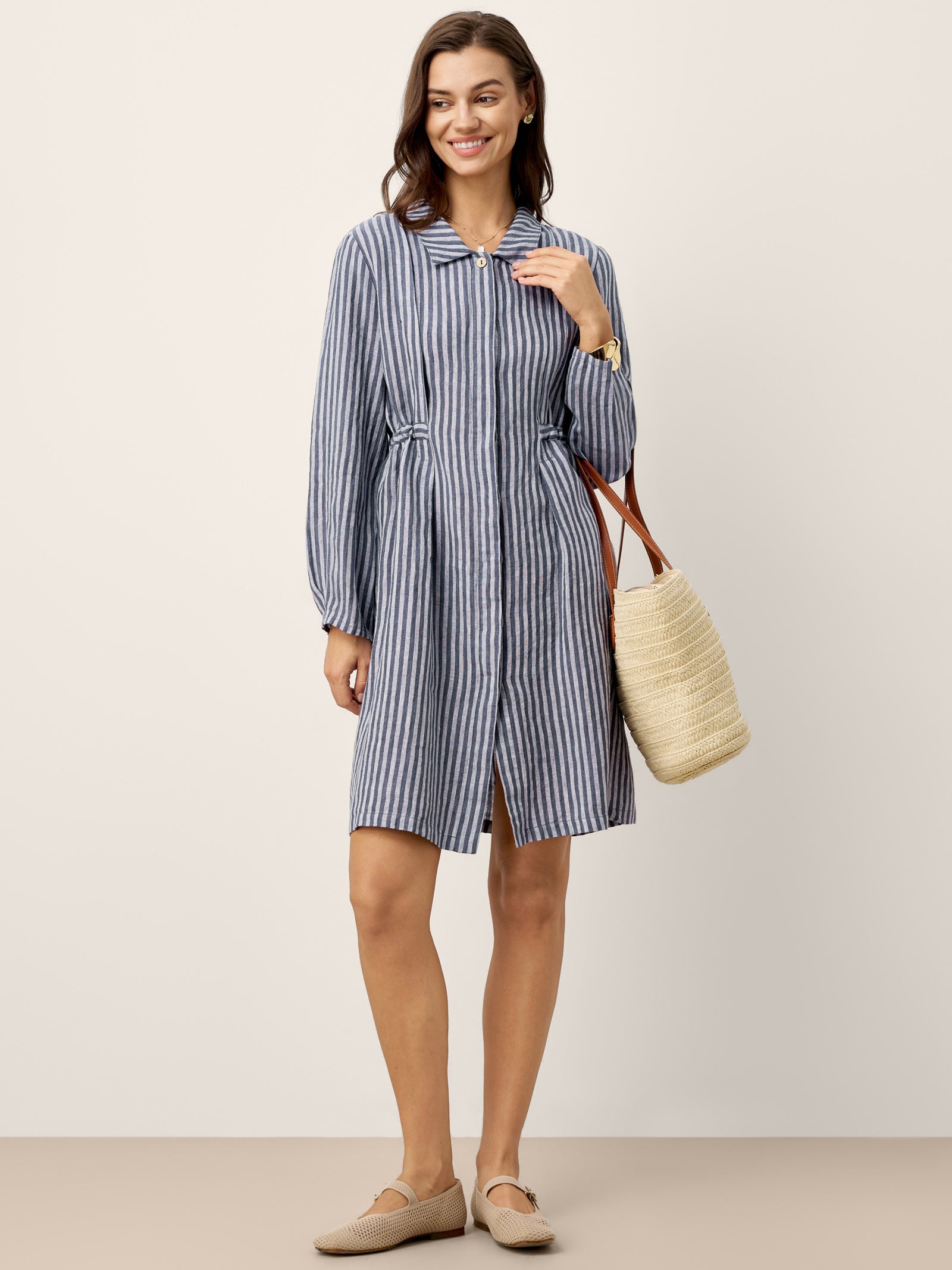 LINTICO 100% Linen Striped Back Drawstring Midi Shirt Dress ADELAIDE — lifestyle worn / used context