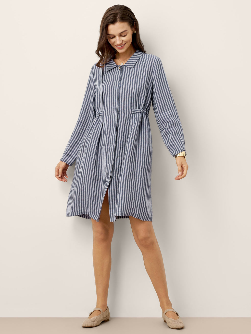 LINTICO 100% Linen Striped Back Drawstring Midi Shirt Dress ADELAIDE — detail shot 6