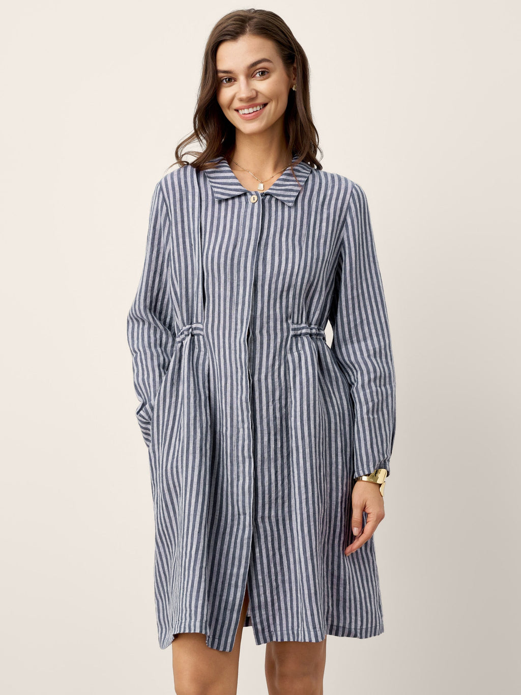 LINTICO 100% Linen Striped Back Drawstring Midi Shirt Dress ADELAIDE — main product shot