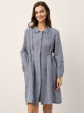 LINTICO 100% Linen Striped Back Drawstring Midi Shirt Dress ADELAIDE — main product shot
