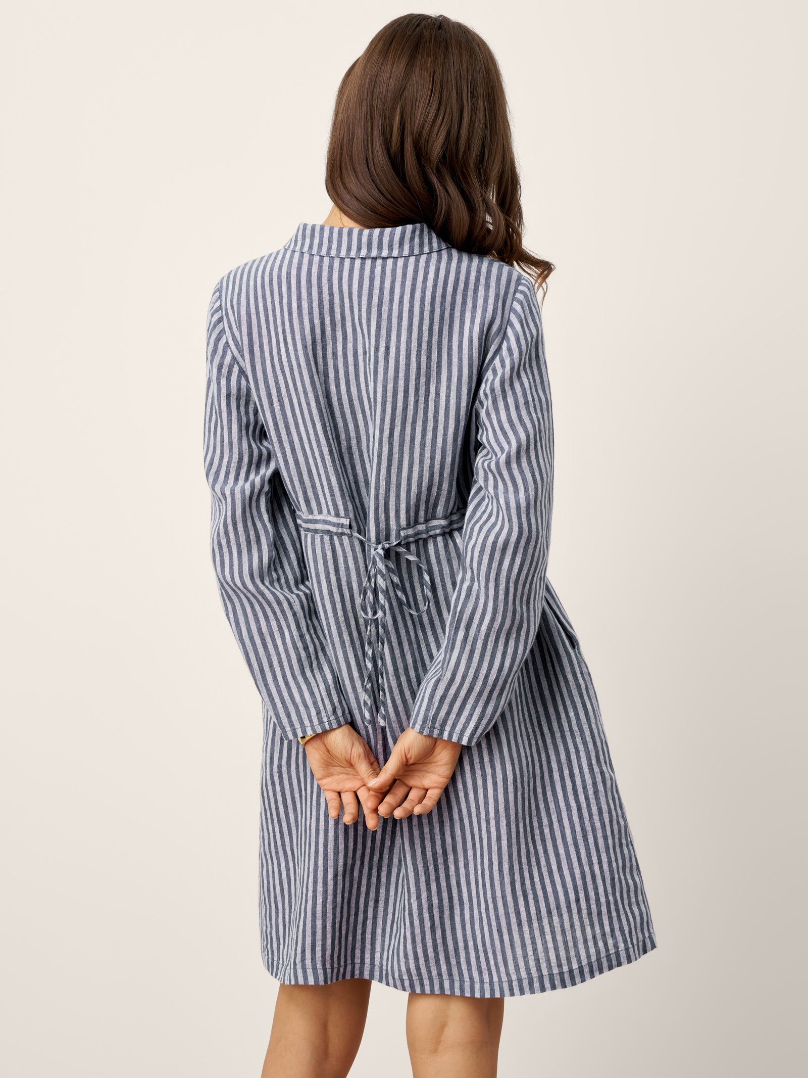 LINTICO 100% Linen Striped Back Drawstring Midi Shirt Dress ADELAIDE — LINTICO branding close-up
