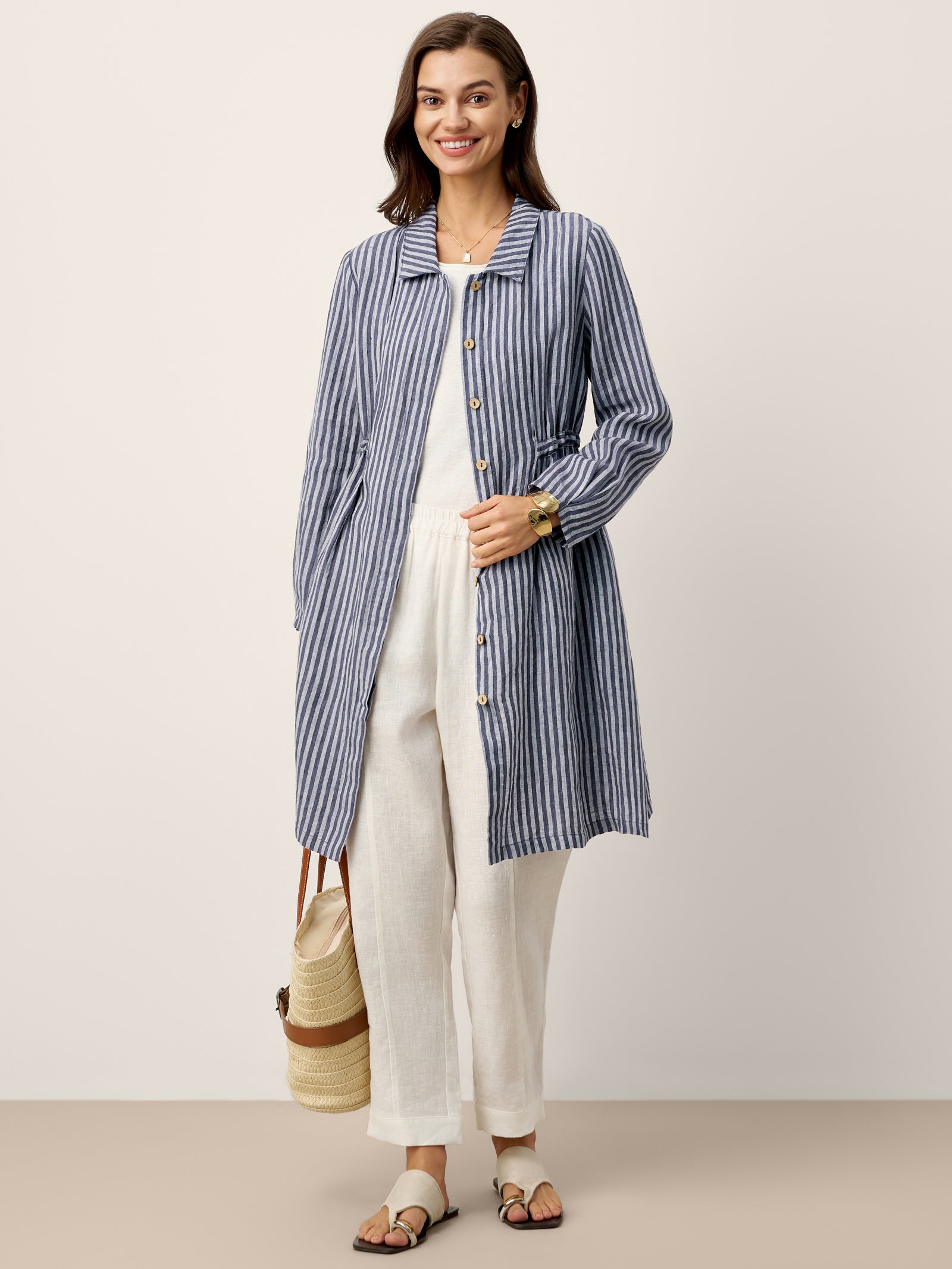 LINTICO 100% Linen Striped Back Drawstring Midi Shirt Dress ADELAIDE — detail shot 7