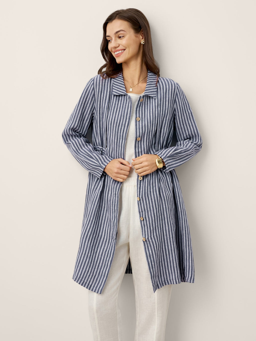 LINTICO 100% Linen Striped Back Drawstring Midi Shirt Dress ADELAIDE — dresses-midi dresses-linen category context