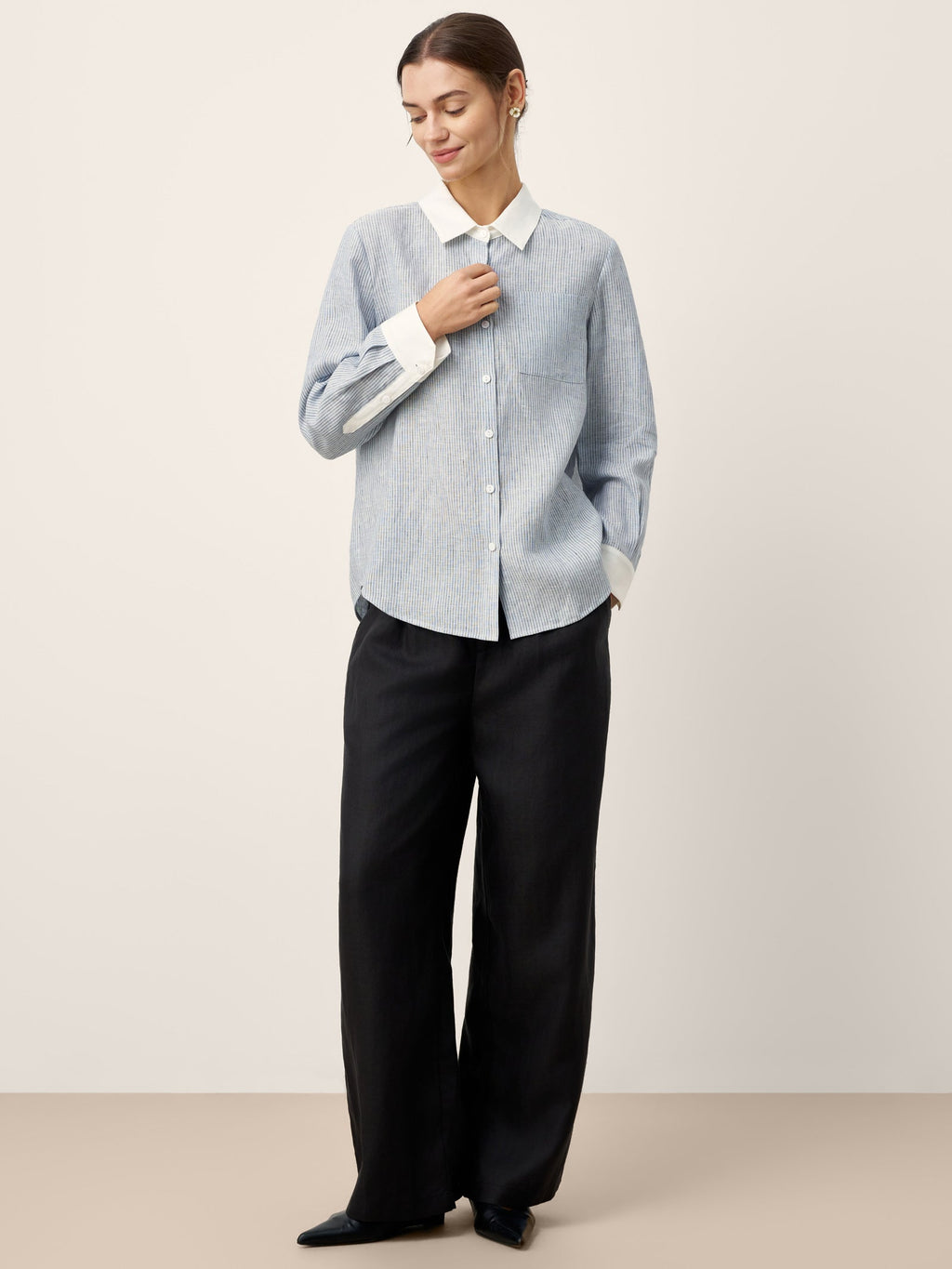 LINTICO LINTICO 100% Linen Striped Patchwork Pleat Shirt THEA — detail shot 8