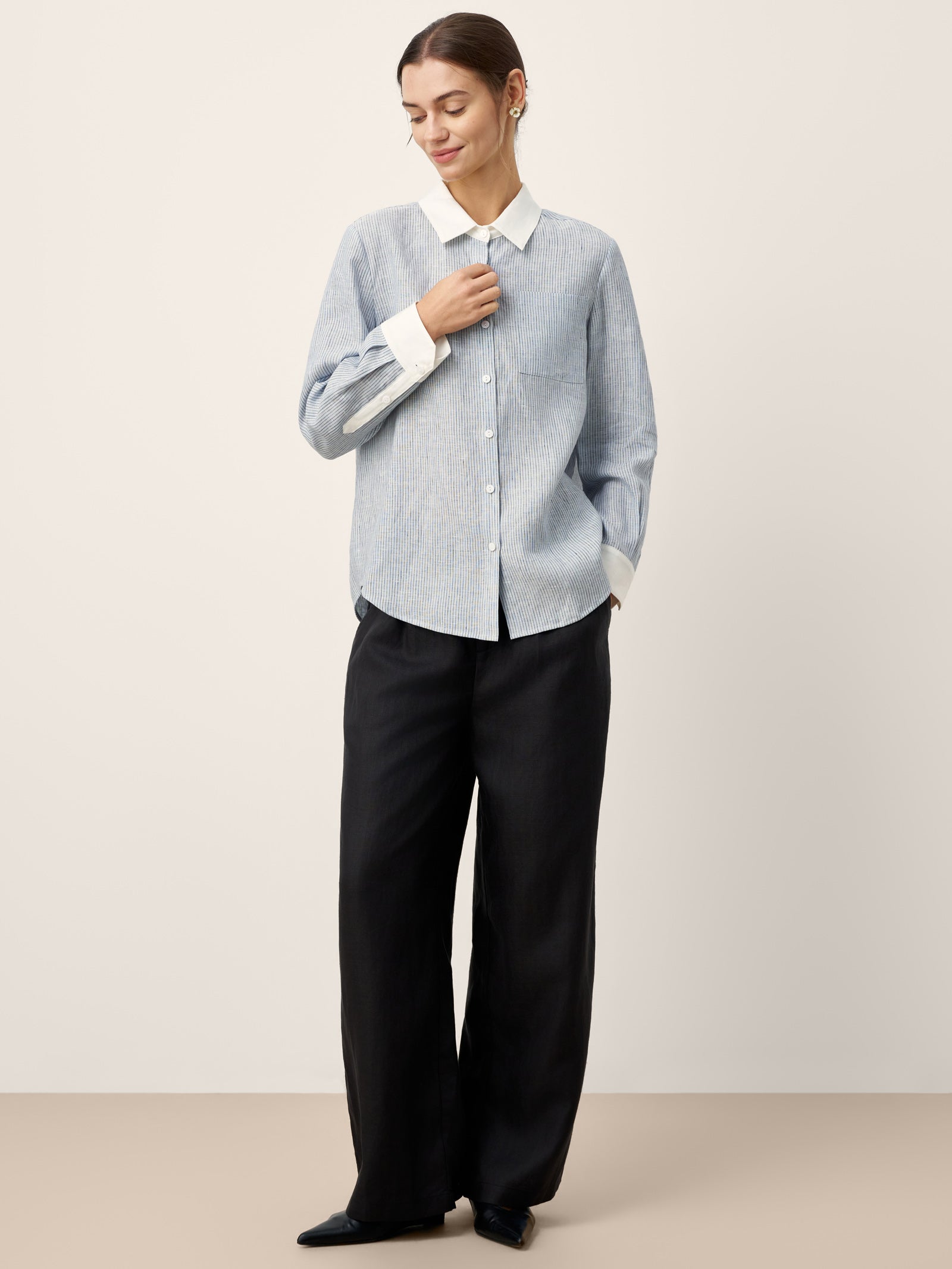 LINTICO LINTICO 100% Linen Striped Patchwork Pleat Shirt THEA — detail shot 8