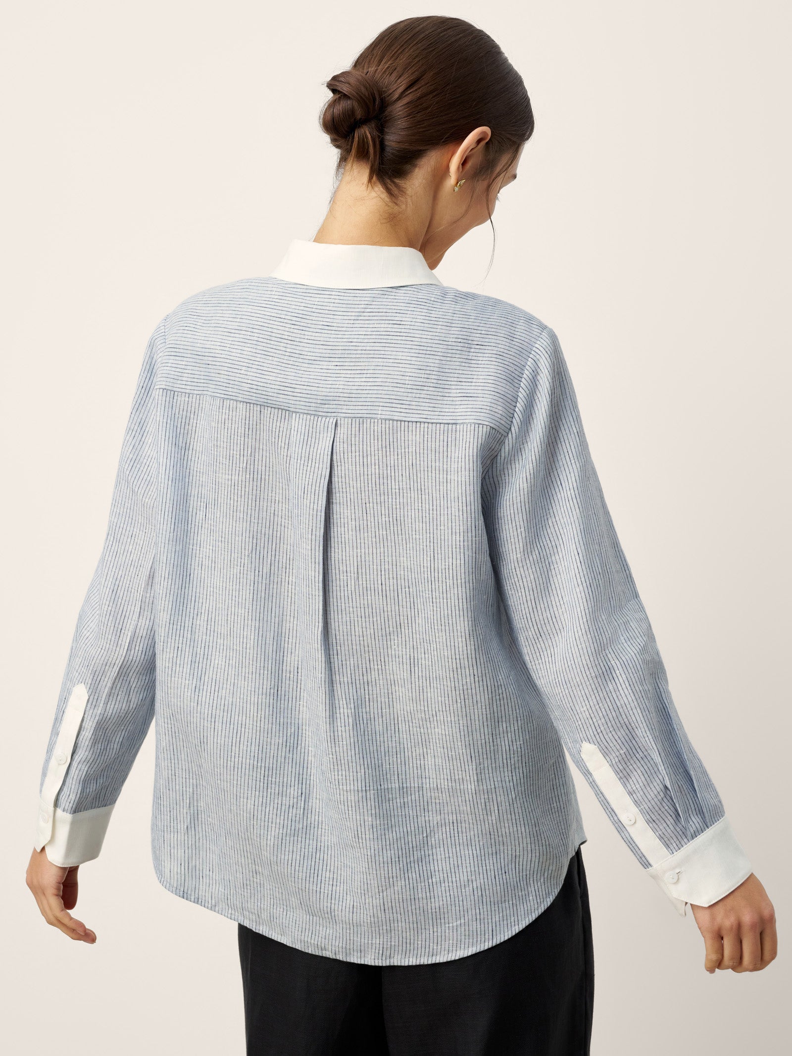 LINTICO LINTICO 100% Linen Striped Patchwork Pleat Shirt THEA — tops-shirts-linen blend category context