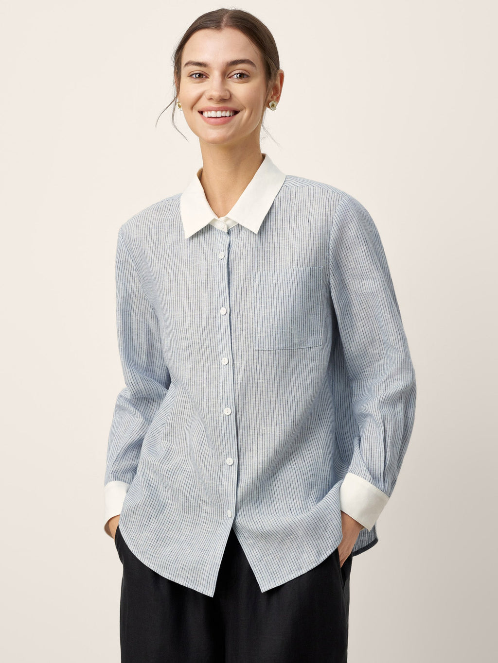 LINTICO LINTICO 100% Linen Striped Patchwork Pleat Shirt THEA — main product shot