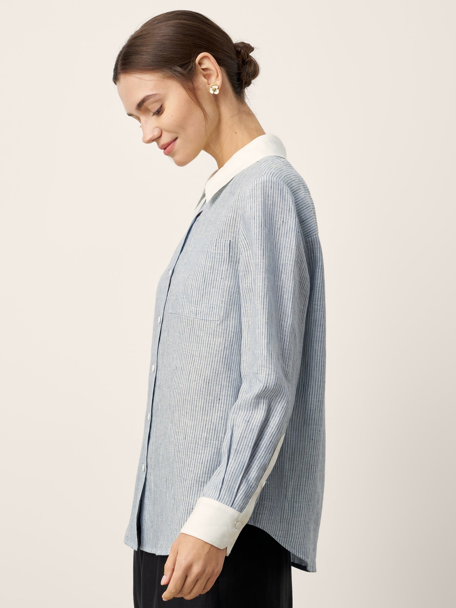LINTICO LINTICO 100% Linen Striped Patchwork Pleat Shirt THEA — LINTICO branding close-up