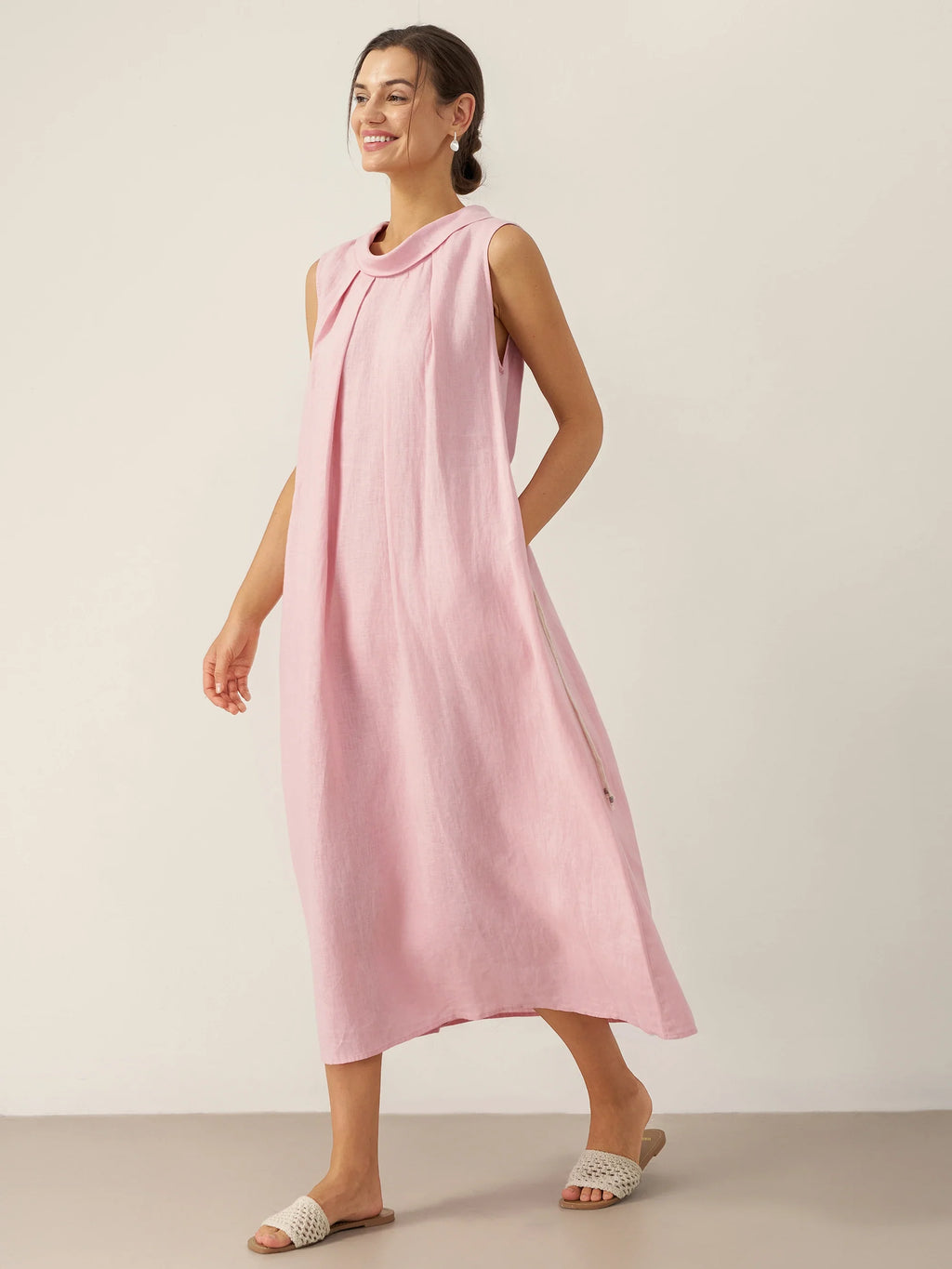 LINTICO 100% Linen Structured Collar Sleeveless Maxi Dress with Belt OPAL — detail shot 7