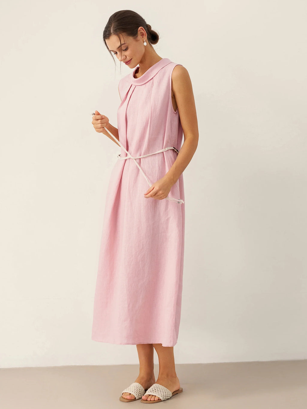 LINTICO 100% Linen Structured Collar Sleeveless Maxi Dress with Belt OPAL — detail shot 10