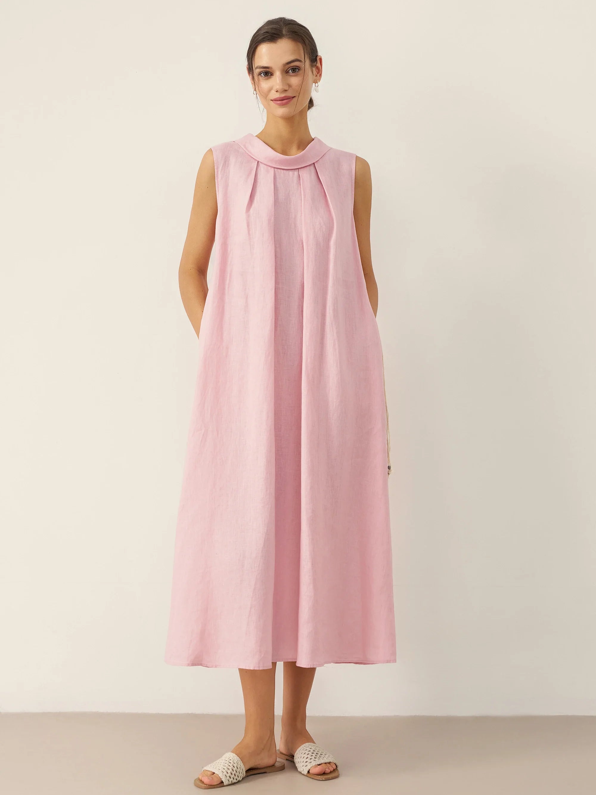 LINTICO 100% Linen Structured Collar Sleeveless Maxi Dress with Belt OPAL — main product shot