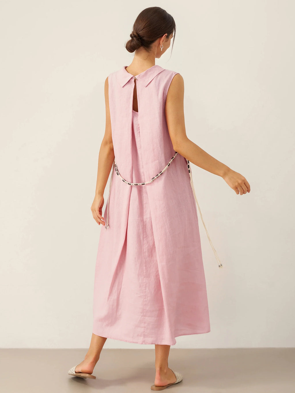 LINTICO 100% Linen Structured Collar Sleeveless Maxi Dress with Belt OPAL — LINTICO branding close-up