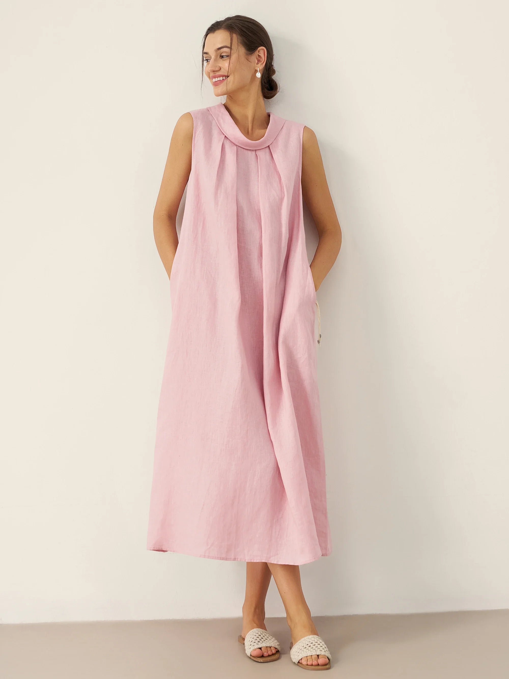 LINTICO 100% Linen Structured Collar Sleeveless Maxi Dress with Belt OPAL — detail shot 9