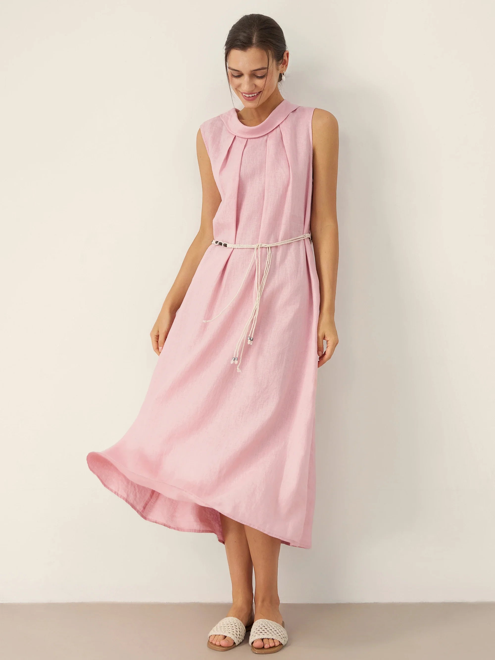 LINTICO 100% Linen Structured Collar Sleeveless Maxi Dress with Belt OPAL — detail shot 8