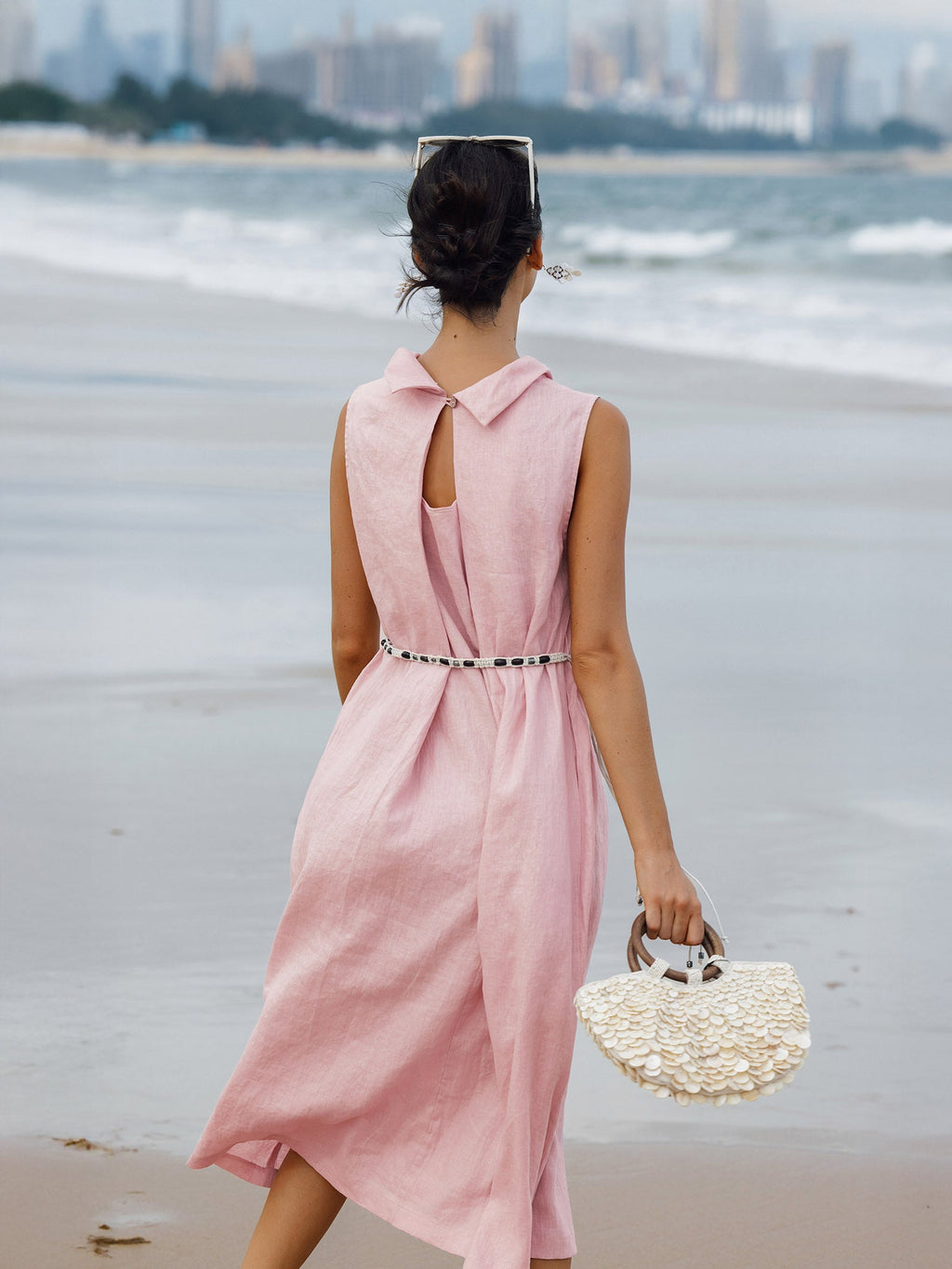 LINTICO 100% Linen Structured Collar Sleeveless Maxi Dress with Belt OPAL — construction detail