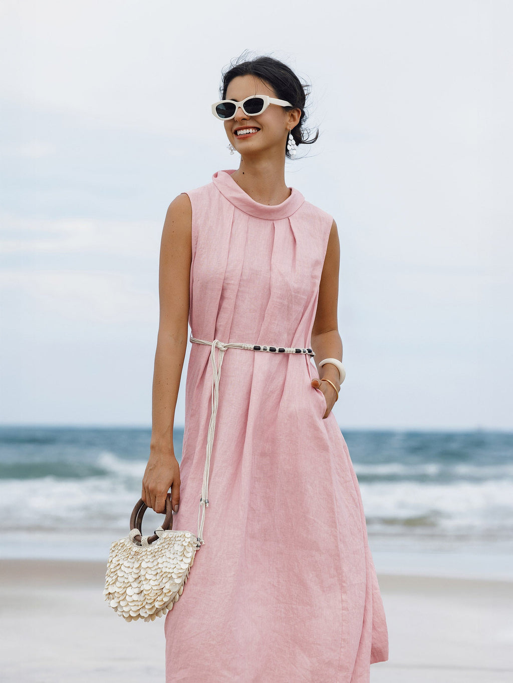 LINTICO 100% Linen Structured Collar Sleeveless Maxi Dress with Belt OPAL — dresses-maxi dresses-linen category context