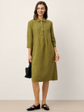 LINTICO 100% Linen Tailored Lapel 3/4 Sleeve Midi Shirt Dress MERCEDES — main product shot