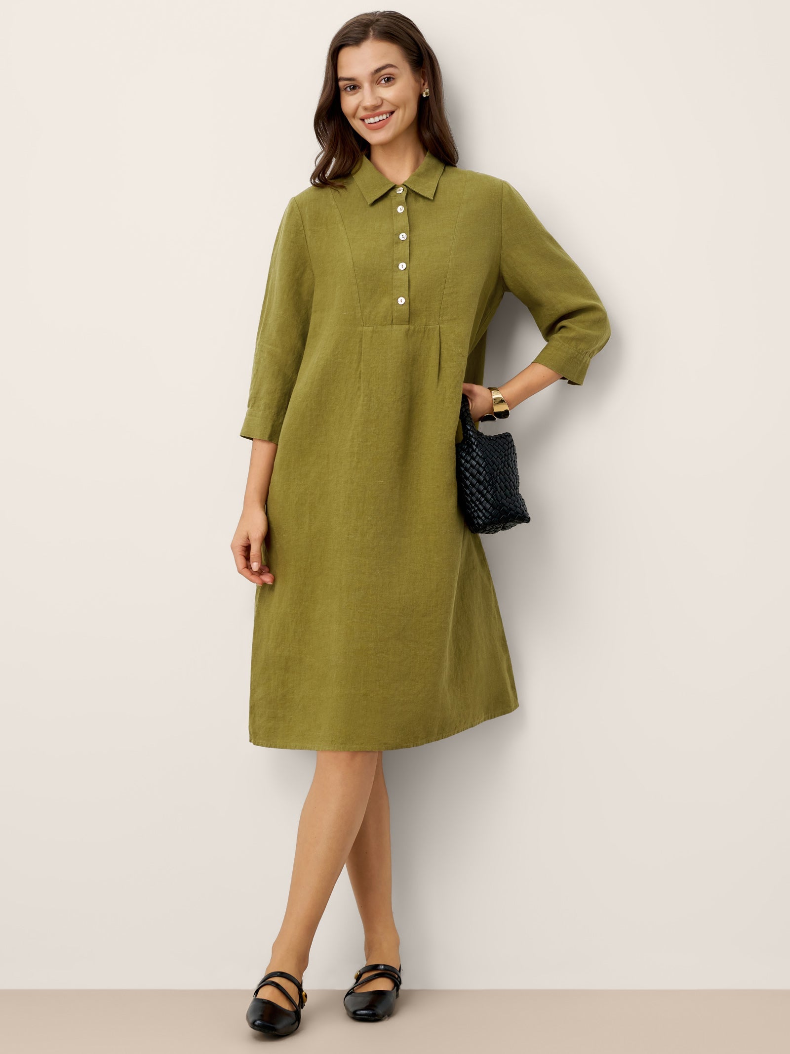 LINTICO 100% Linen Tailored Lapel 3/4 Sleeve Midi Shirt Dress MERCEDES — lifestyle worn / used context