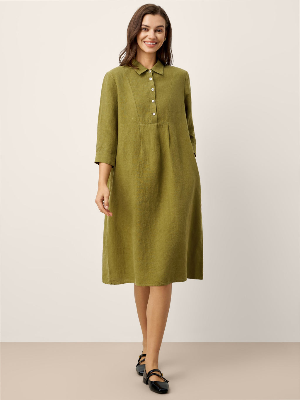 LINTICO 100% Linen Tailored Lapel 3/4 Sleeve Midi Shirt Dress MERCEDES — LINTICO branding close-up