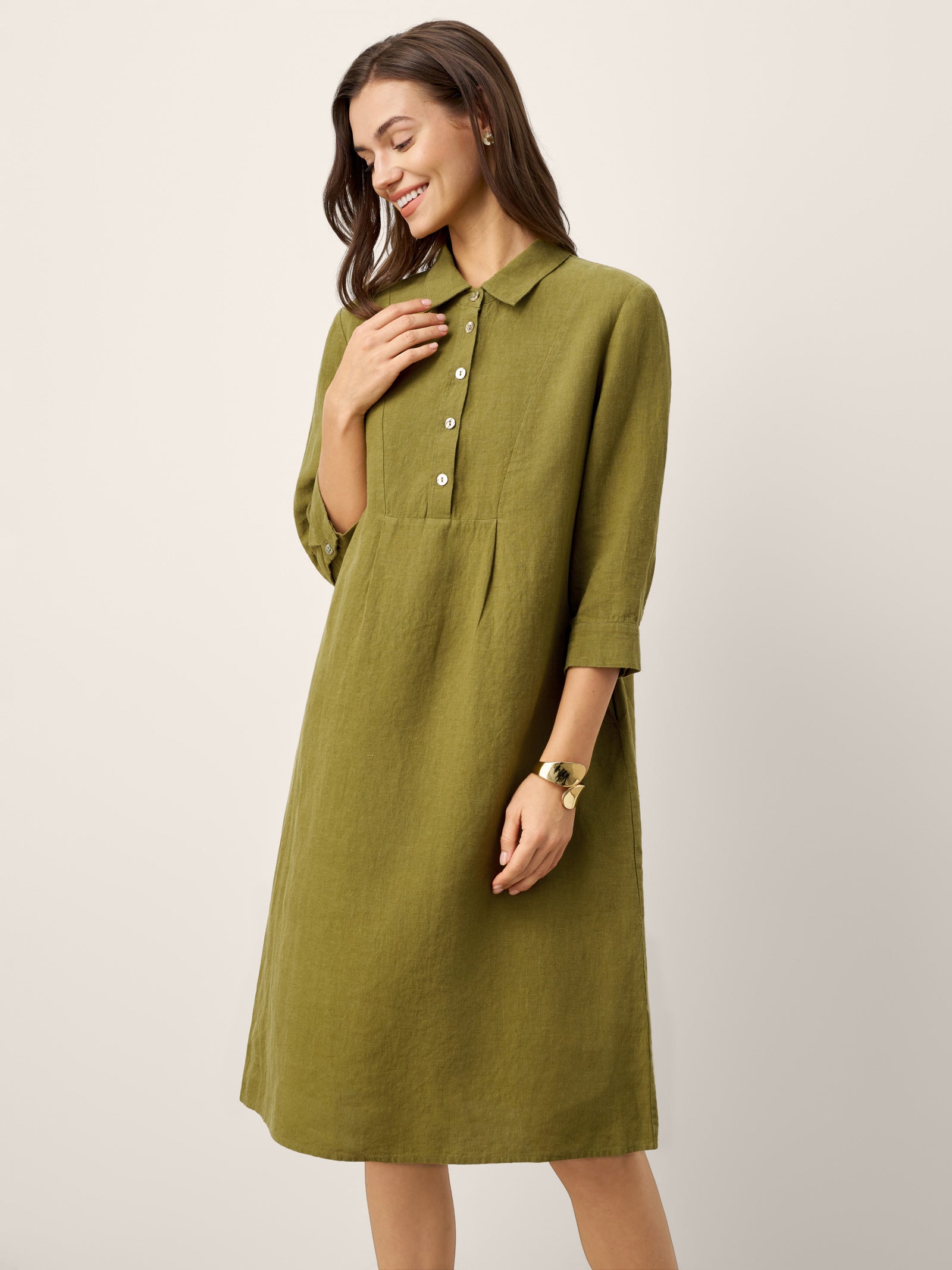 LINTICO 100% Linen Tailored Lapel 3/4 Sleeve Midi Shirt Dress MERCEDES — detail shot 7