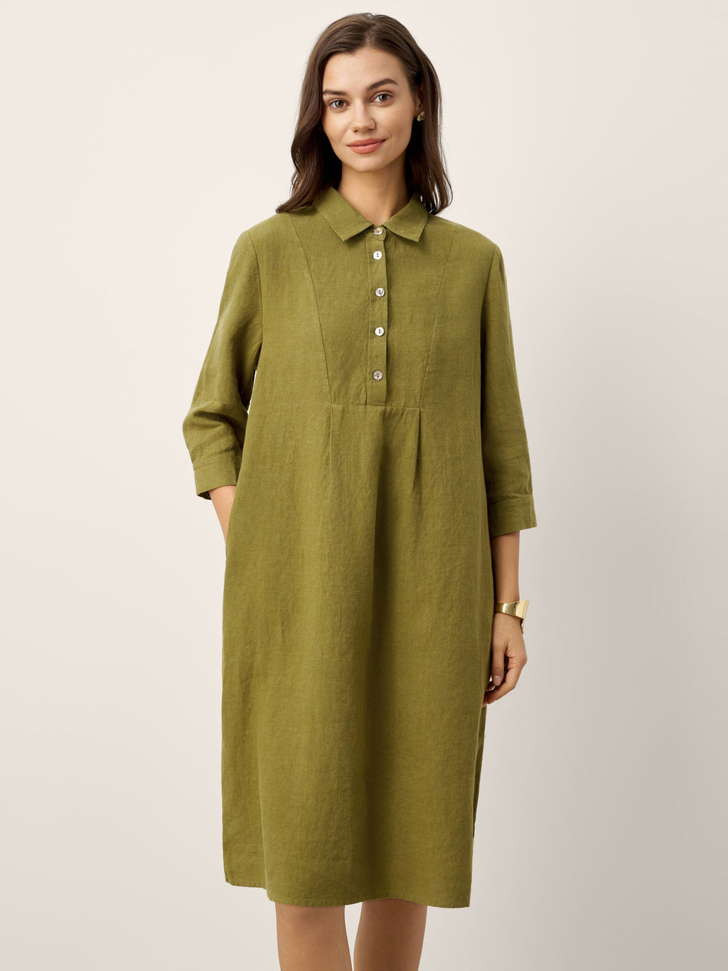 LINTICO 100% Linen Tailored Lapel 3/4 Sleeve Midi Shirt Dress MERCEDES — detail shot 6