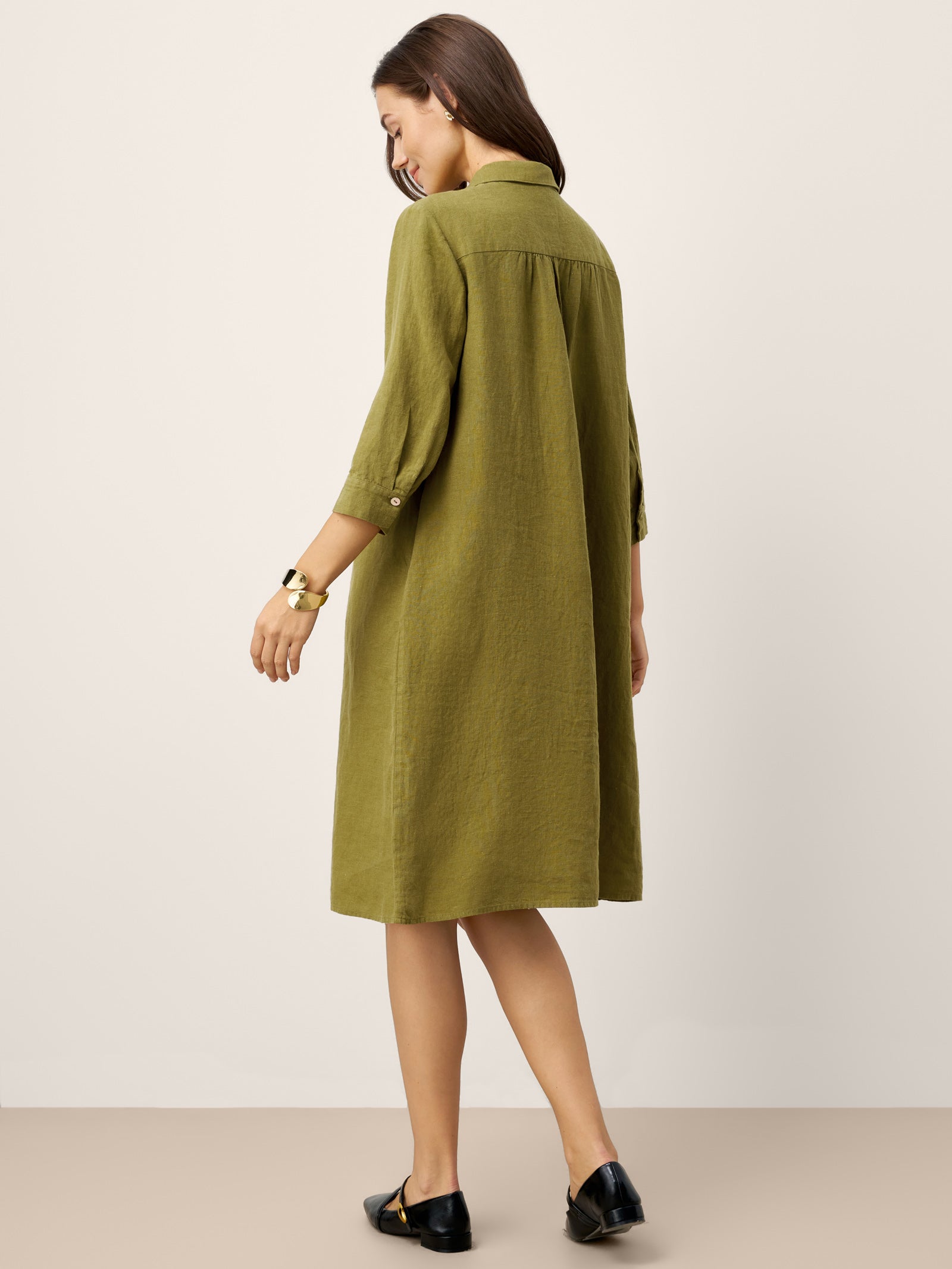 LINTICO 100% Linen Tailored Lapel 3/4 Sleeve Midi Shirt Dress MERCEDES — dresses-midi dresses-linen category context