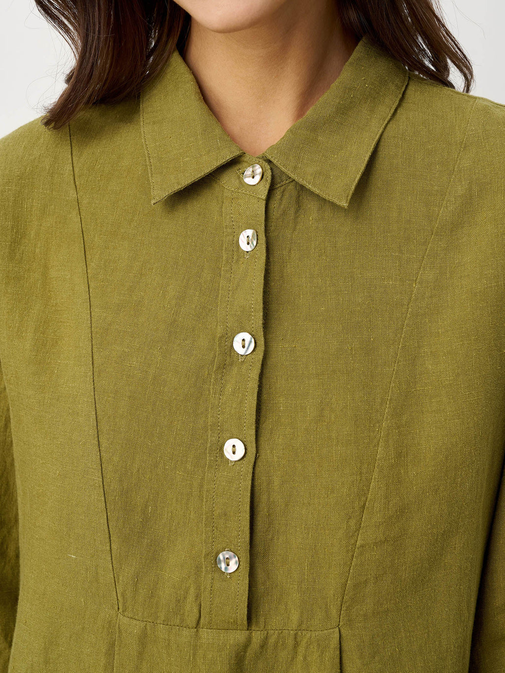 LINTICO 100% Linen Tailored Lapel 3/4 Sleeve Midi Shirt Dress MERCEDES — detail shot 8