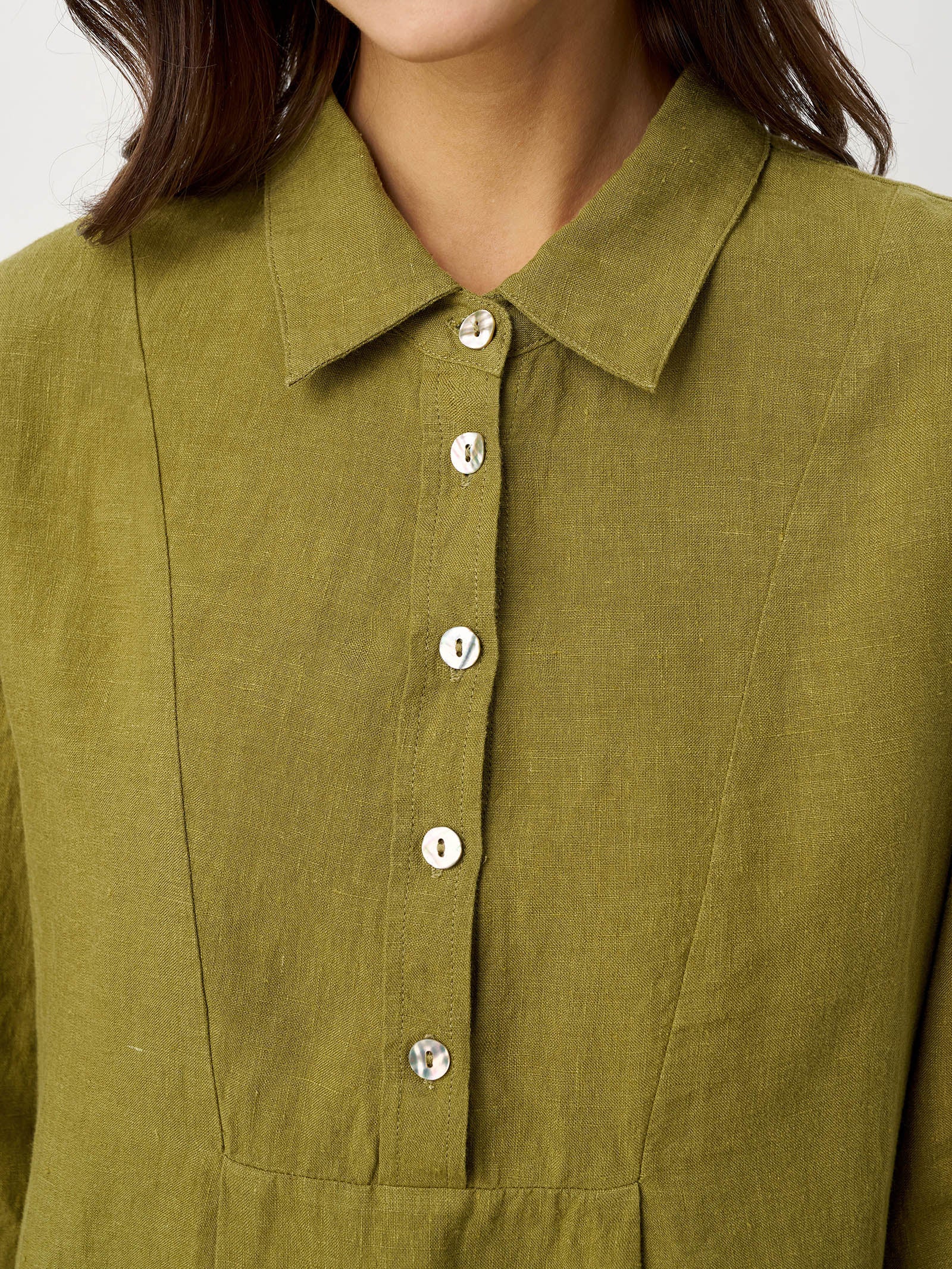 LINTICO 100% Linen Tailored Lapel 3/4 Sleeve Midi Shirt Dress MERCEDES — detail shot 8