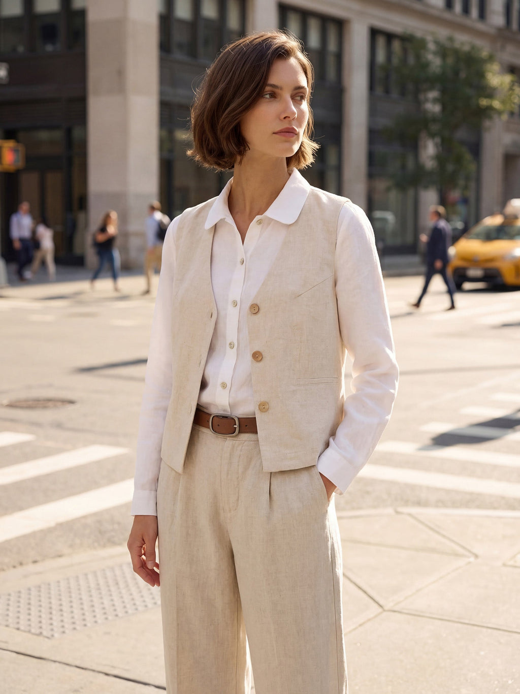 LINTICO 100% Linen V-Neck Buttoned Closure Vest DELIA — construction detail