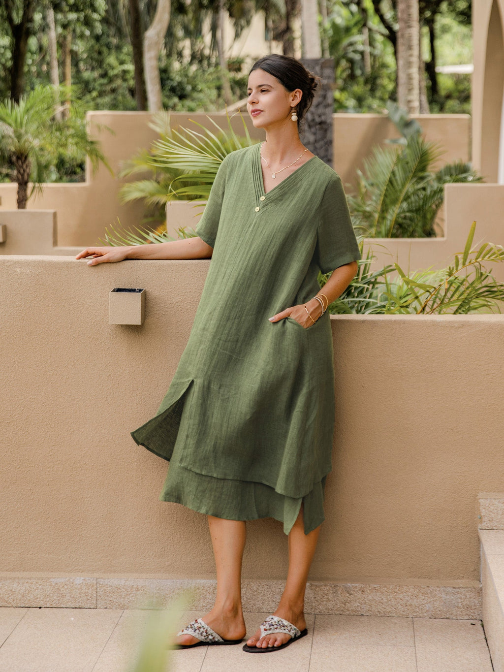 LINTICO 100% Linen V-Neck Double-Layer Midi Dress JAYDA — detail shot 10