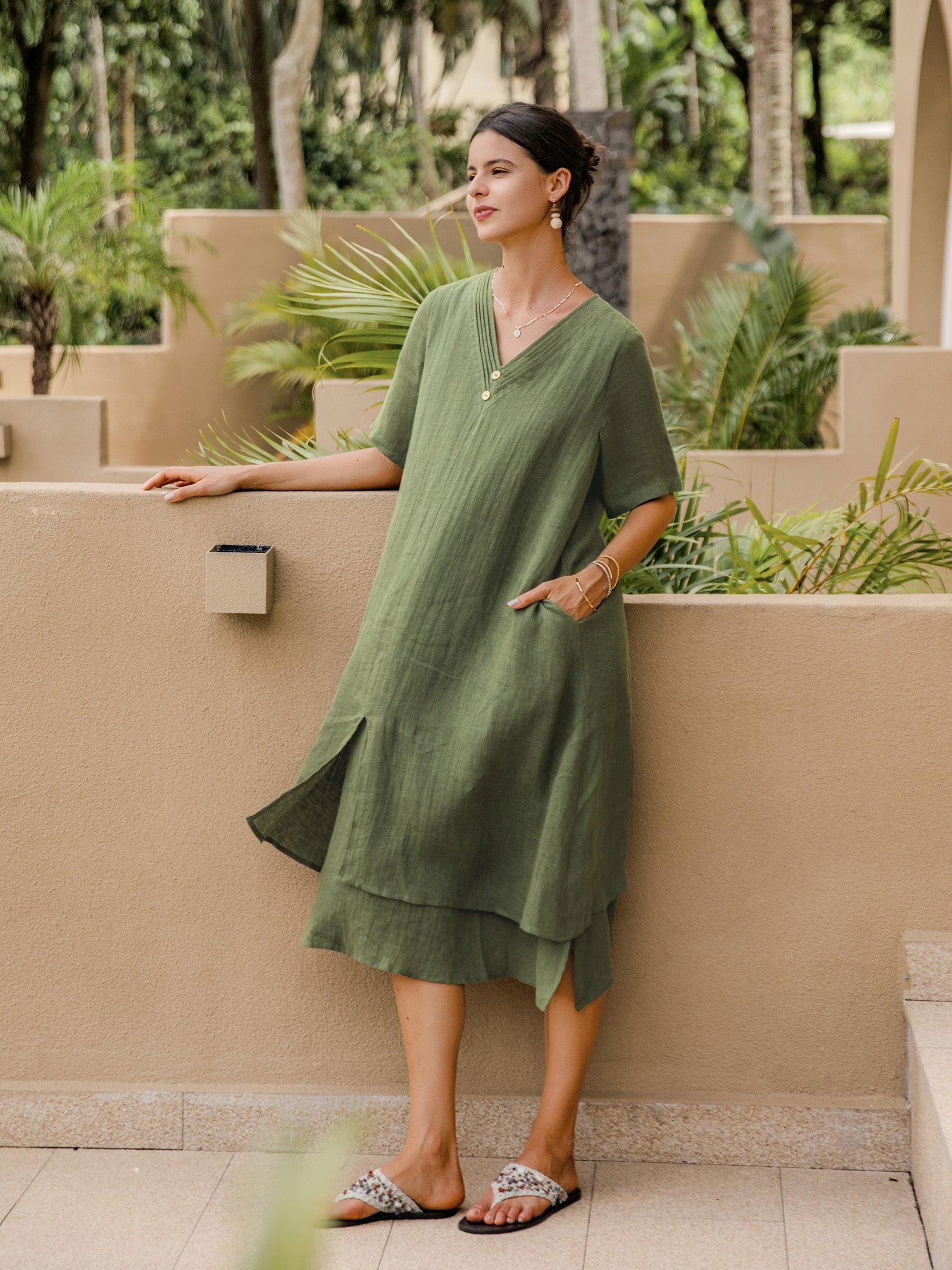 LINTICO 100% Linen V-Neck Double-Layer Midi Dress JAYDA — detail shot 10