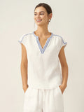 LINTICO LINTICO 100% Linen V-Neck Embroidered Crop Top FENE — main product shot