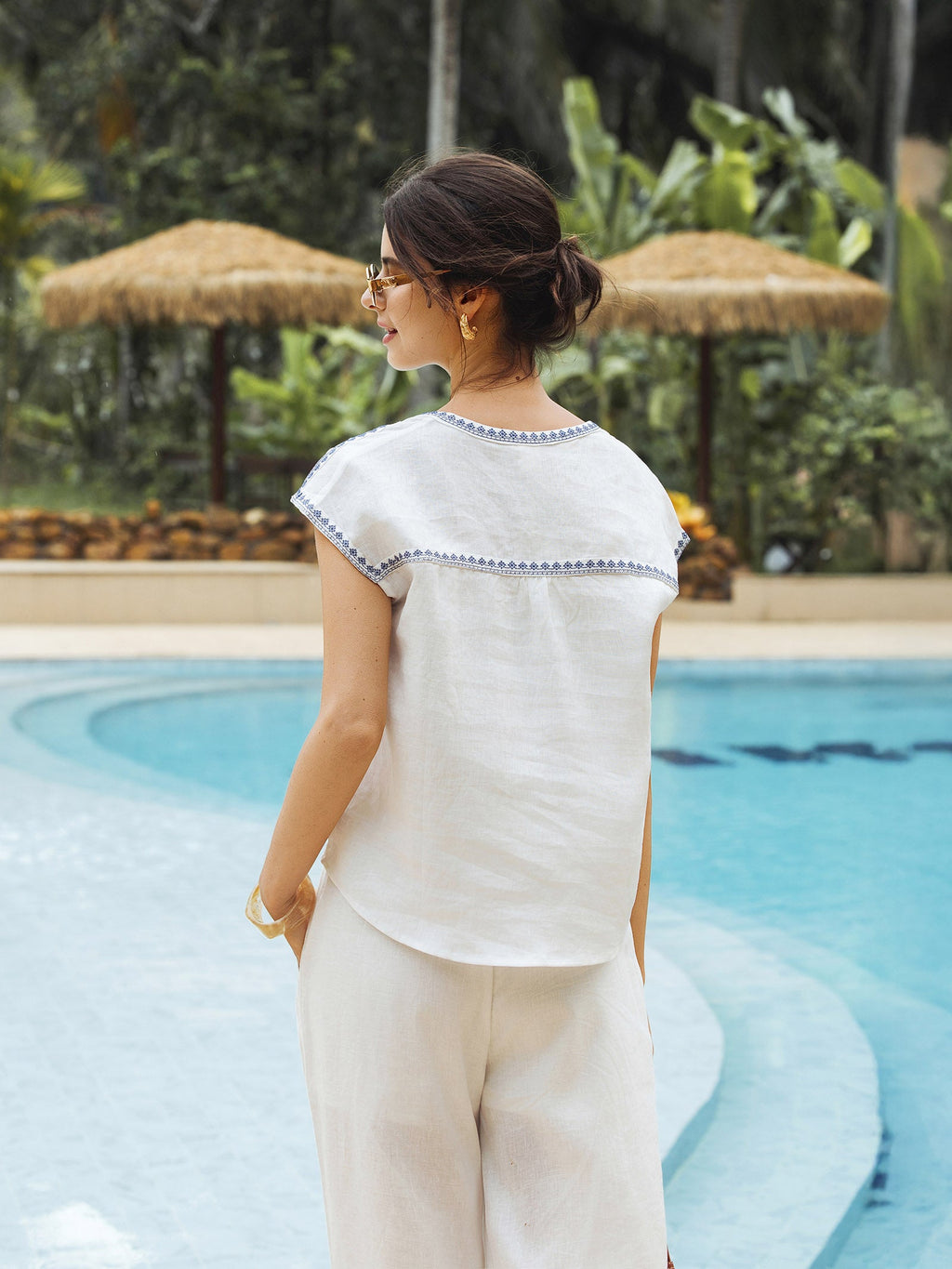 LINTICO LINTICO 100% Linen V-Neck Embroidered Crop Top FENE — tops-blouses-linen category context