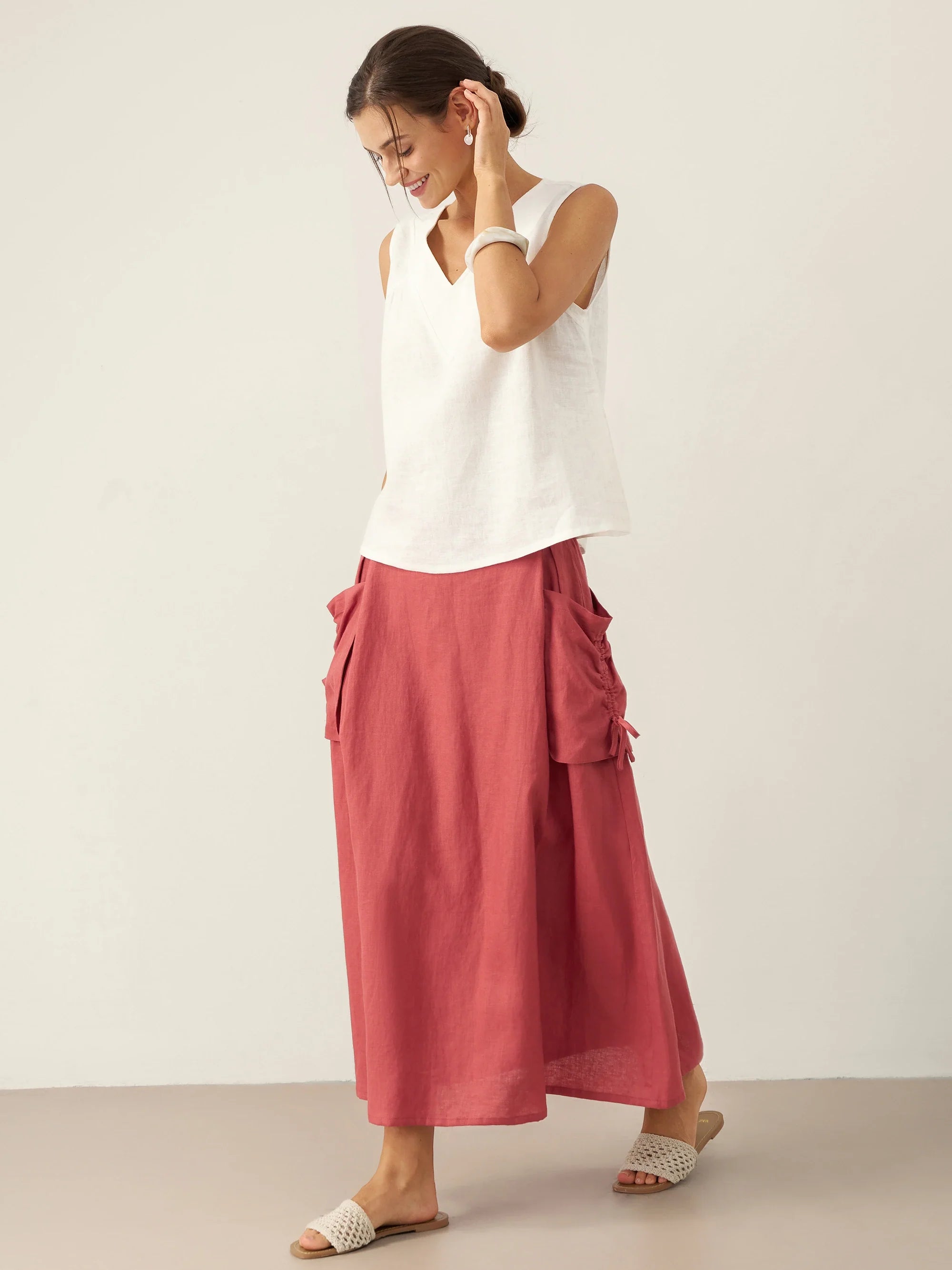 LINTICO 100% Linen Drawstring Pocket Skirt TESS — LINTICO branding close-up