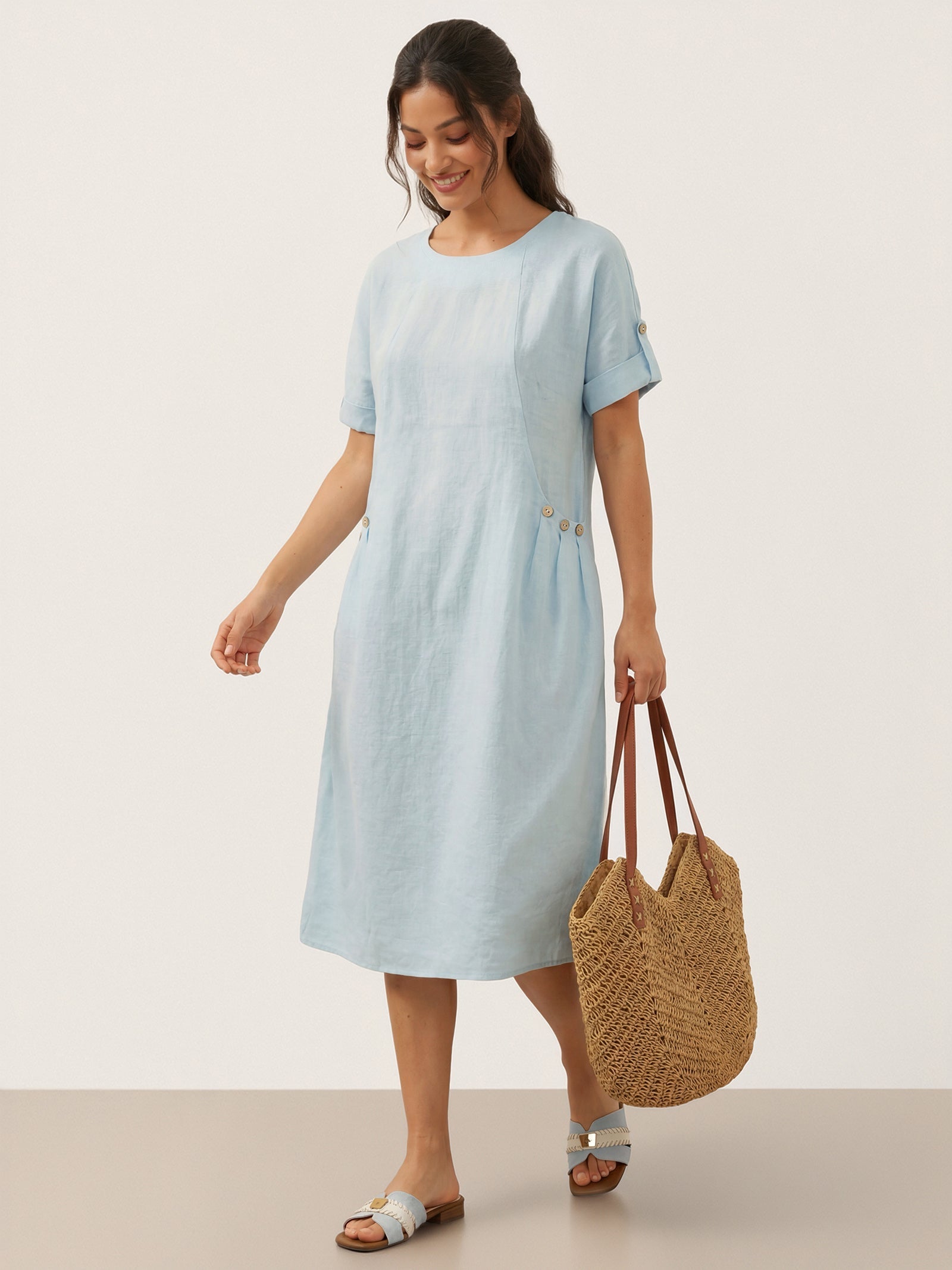 LINTICO 100% Linen Vintage A-Line Button Detail Maxi Dress AMIN — detail shot 6