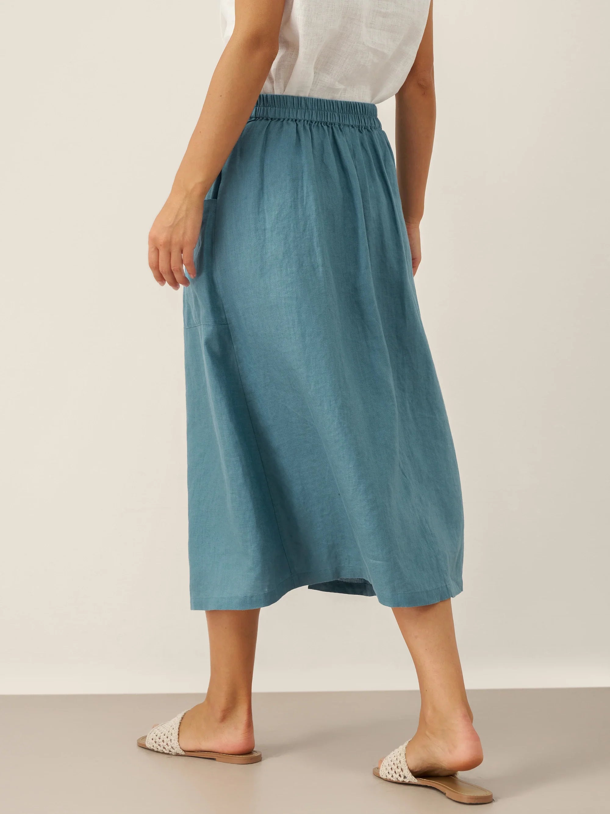 LINTICO 100% Linen Elastic Waist Angled Wrap Skirt FRESSA — LINTICO branding close-up