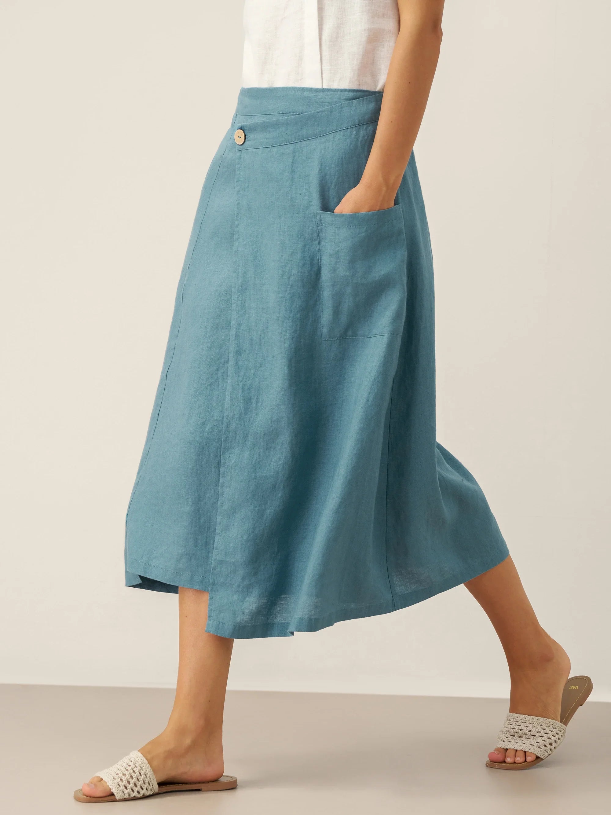 LINTICO 100% Linen Elastic Waist Angled Wrap Skirt FRESSA — bottoms-skirts-linen category context