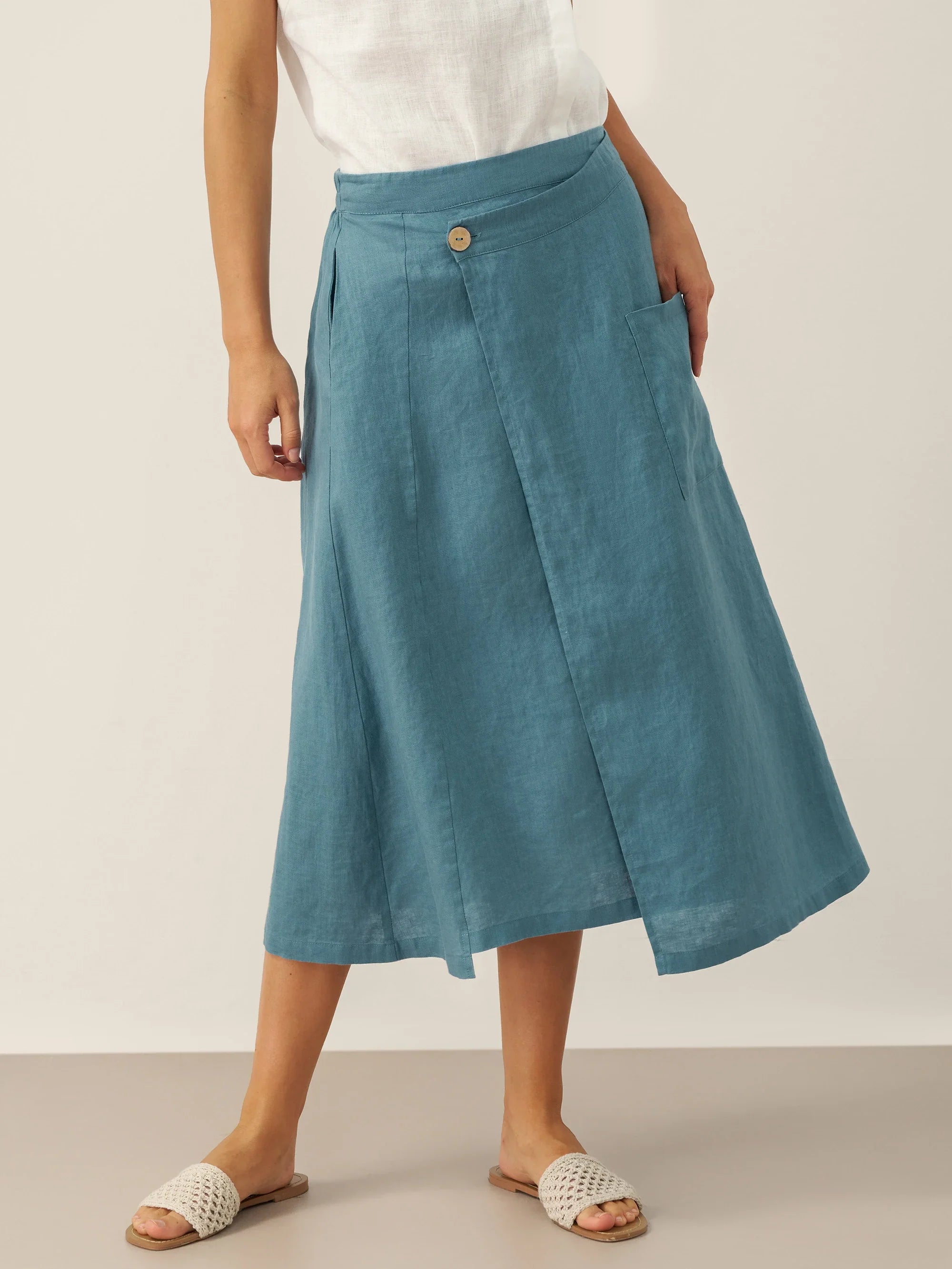 LINTICO 100% Linen Elastic Waist Angled Wrap Skirt FRESSA — main product shot