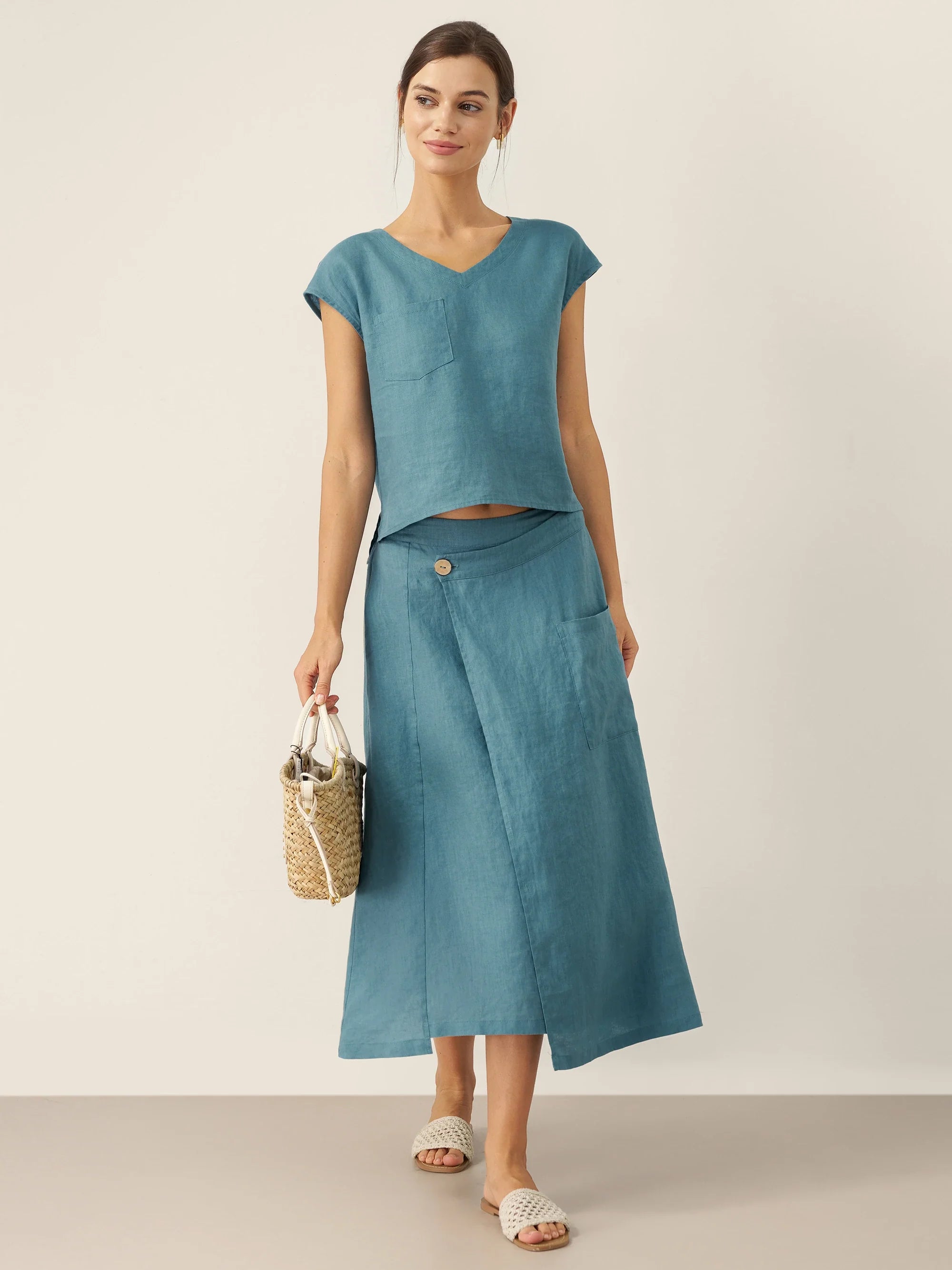 LINTICO 100% Linen Elastic Waist Angled Wrap Skirt FRESSA — lifestyle worn / used context