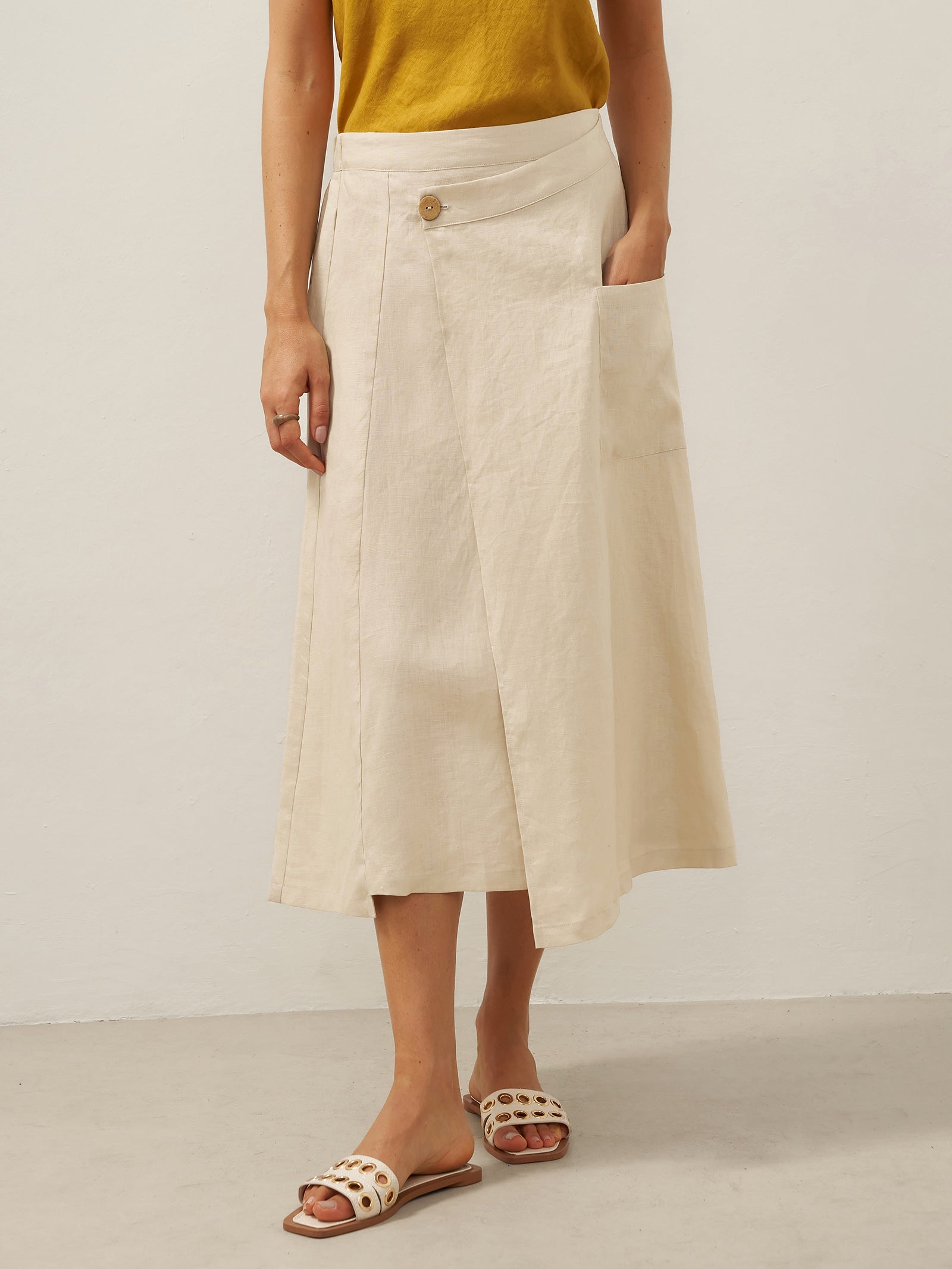 LINTICO 100% Linen Elastic Waist Angled Wrap Skirt FRESSA — detail shot 9