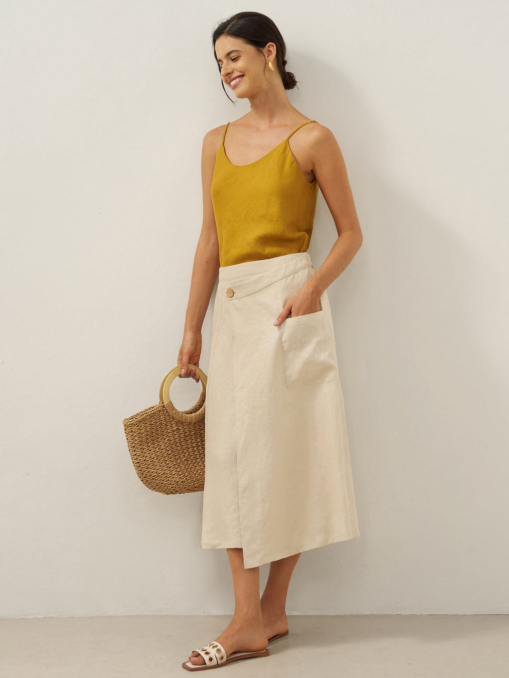 LINTICO 100% Linen Elastic Waist Angled Wrap Skirt FRESSA — main product shot