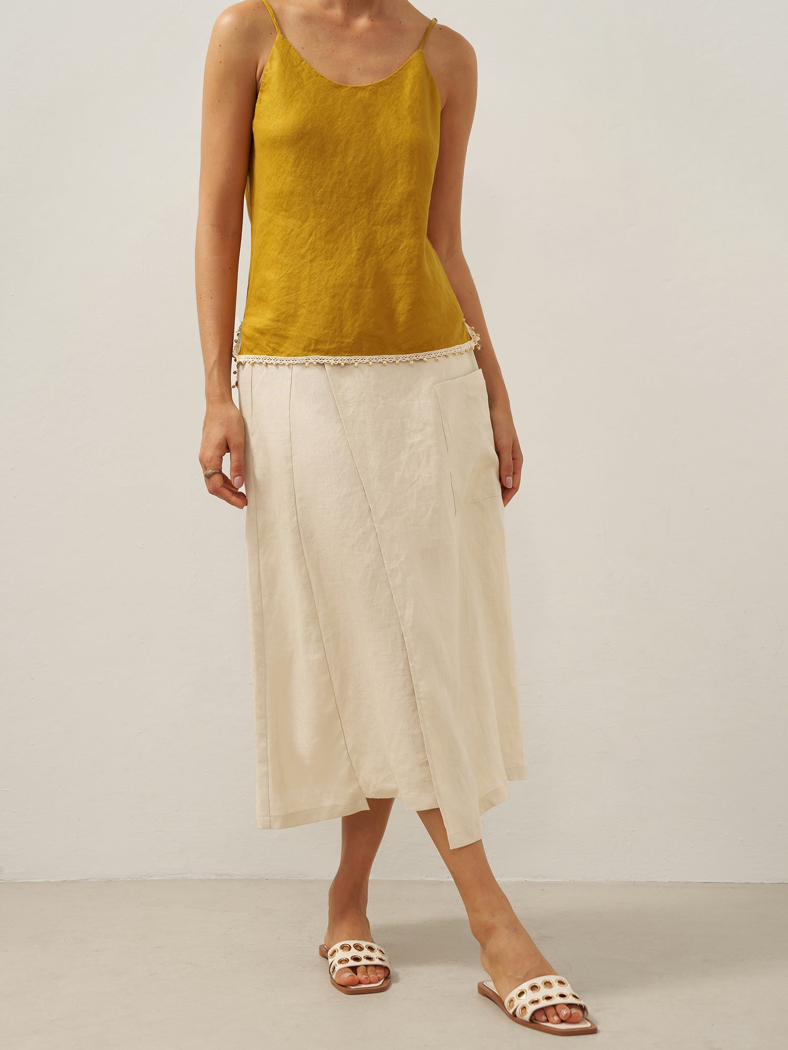LINTICO 100% Linen Elastic Waist Angled Wrap Skirt FRESSA — feature highlight