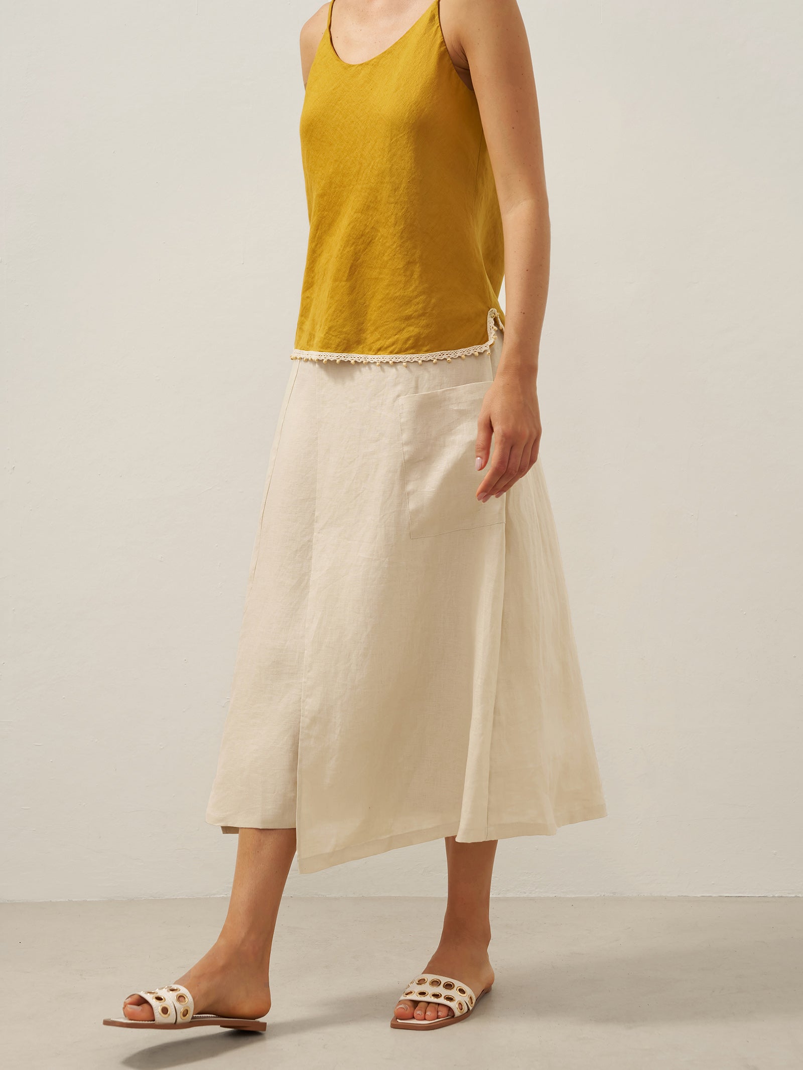 LINTICO 100% Linen Elastic Waist Angled Wrap Skirt FRESSA — flat-lay composition