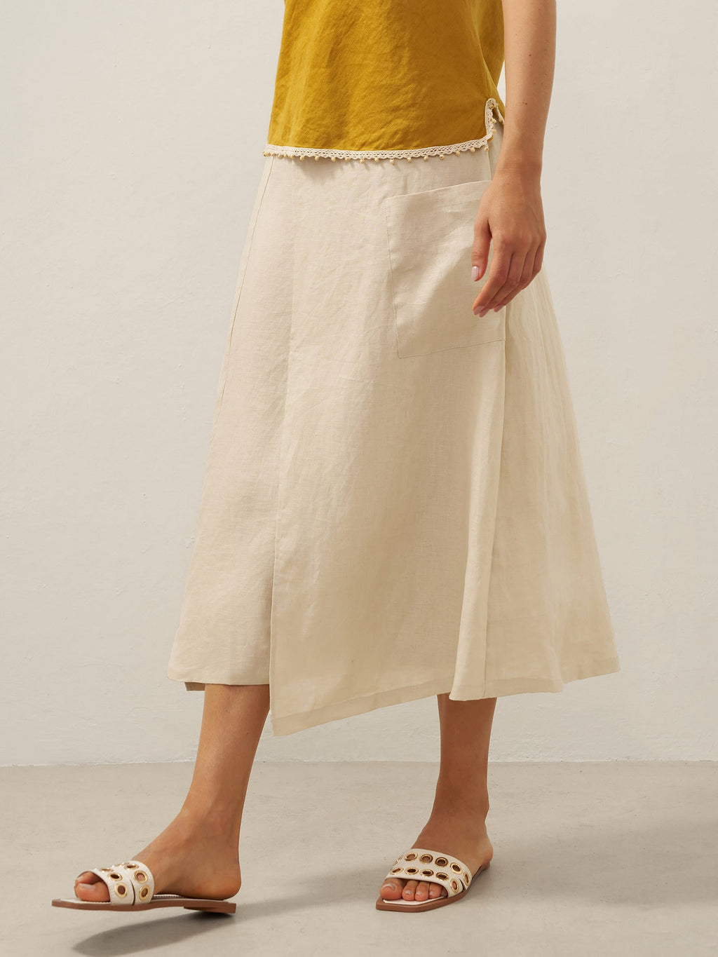 LINTICO 100% Linen Elastic Waist Angled Wrap Skirt FRESSA — detail shot 10