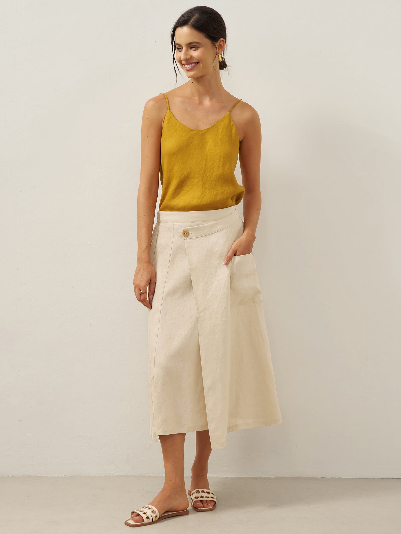 LINTICO 100% Linen Elastic Waist Angled Wrap Skirt FRESSA — back view