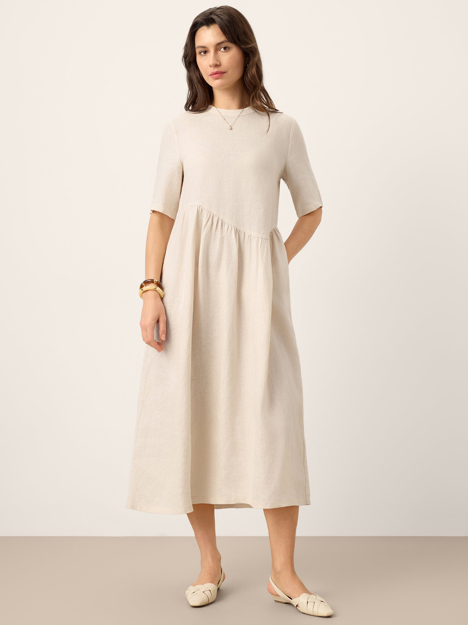 LINTICO 100% Linen Arch-Seam Fluid Maxi Dress EUDORA — lifestyle worn / used context