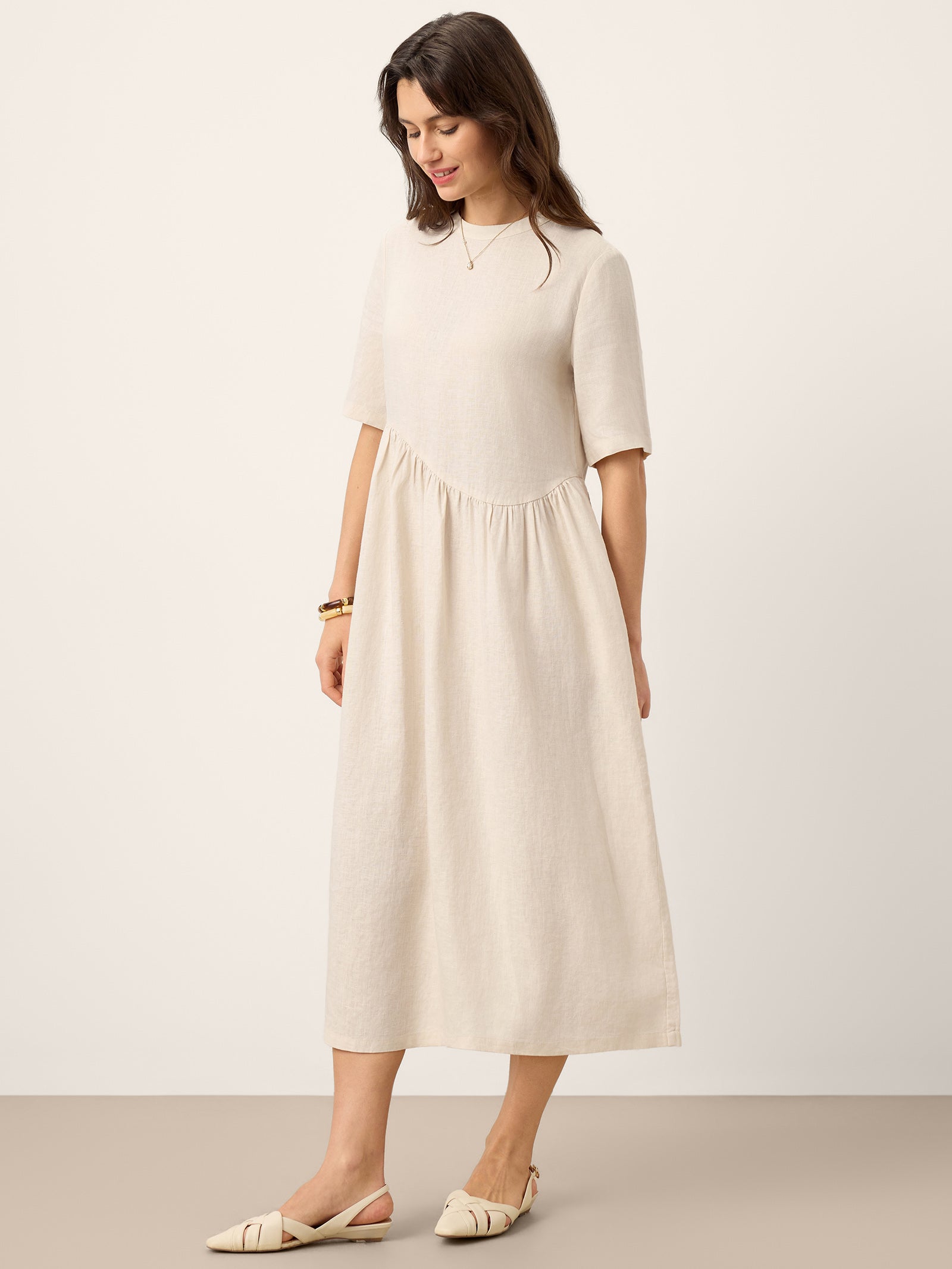 LINTICO 100% Linen Arch-Seam Fluid Maxi Dress EUDORA — LINTICO branding close-up