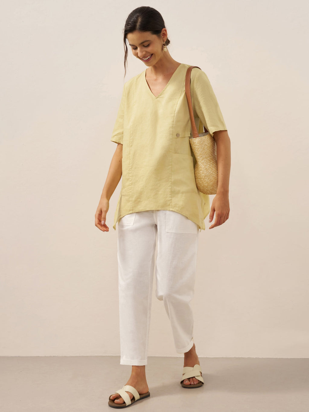 LINTICO 100% Linen Asymmetric Hem Long Top ISLA — detail shot 7